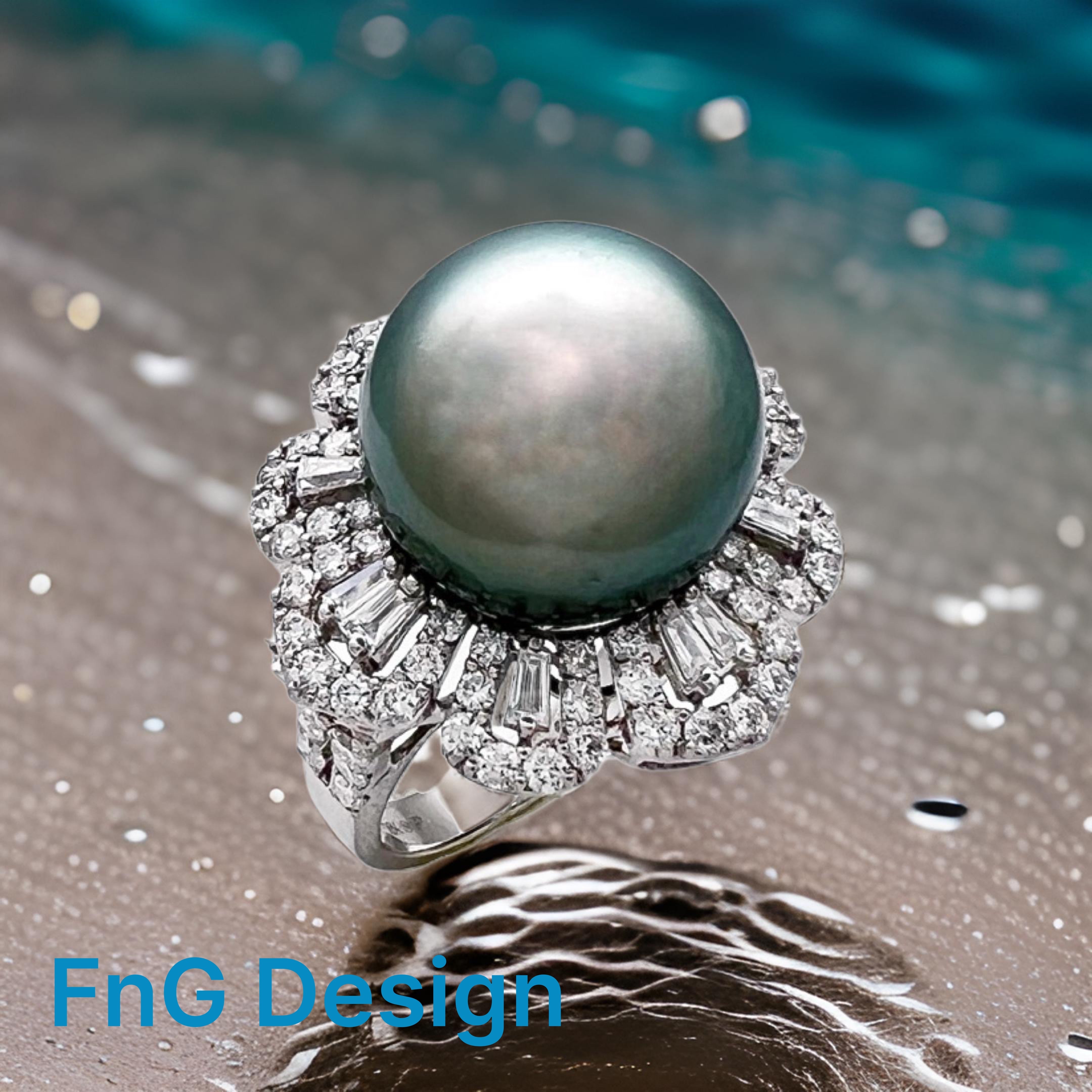 14.2MM Tahitian Pearl (Certificated) & 2.04 Cts Diamonds Set In 18K White Gold Ring