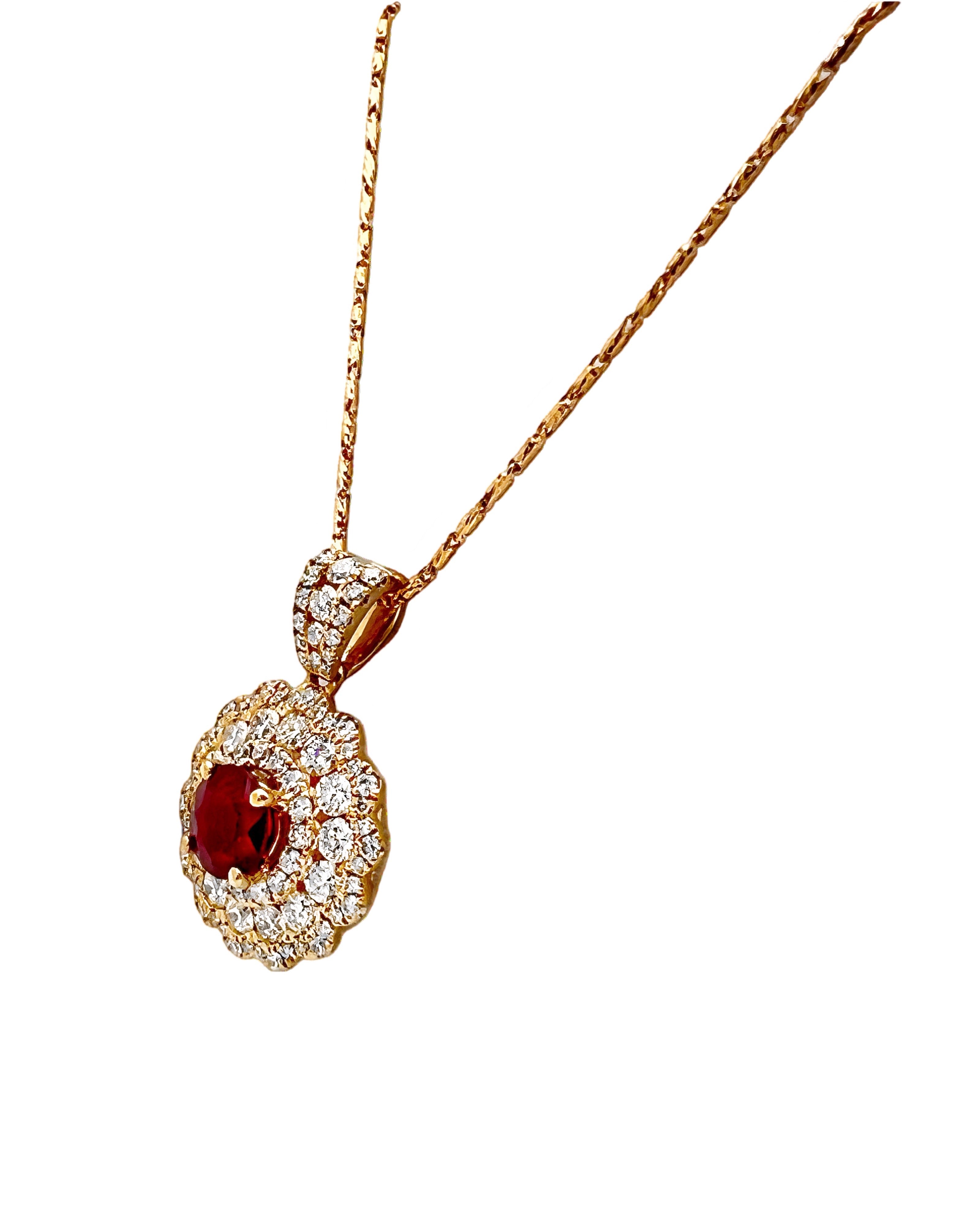 1.101 Carats Certified Burma Ruby & 1.70 Carats Diamonds, 18K Yellow Gold Pendant & Chain