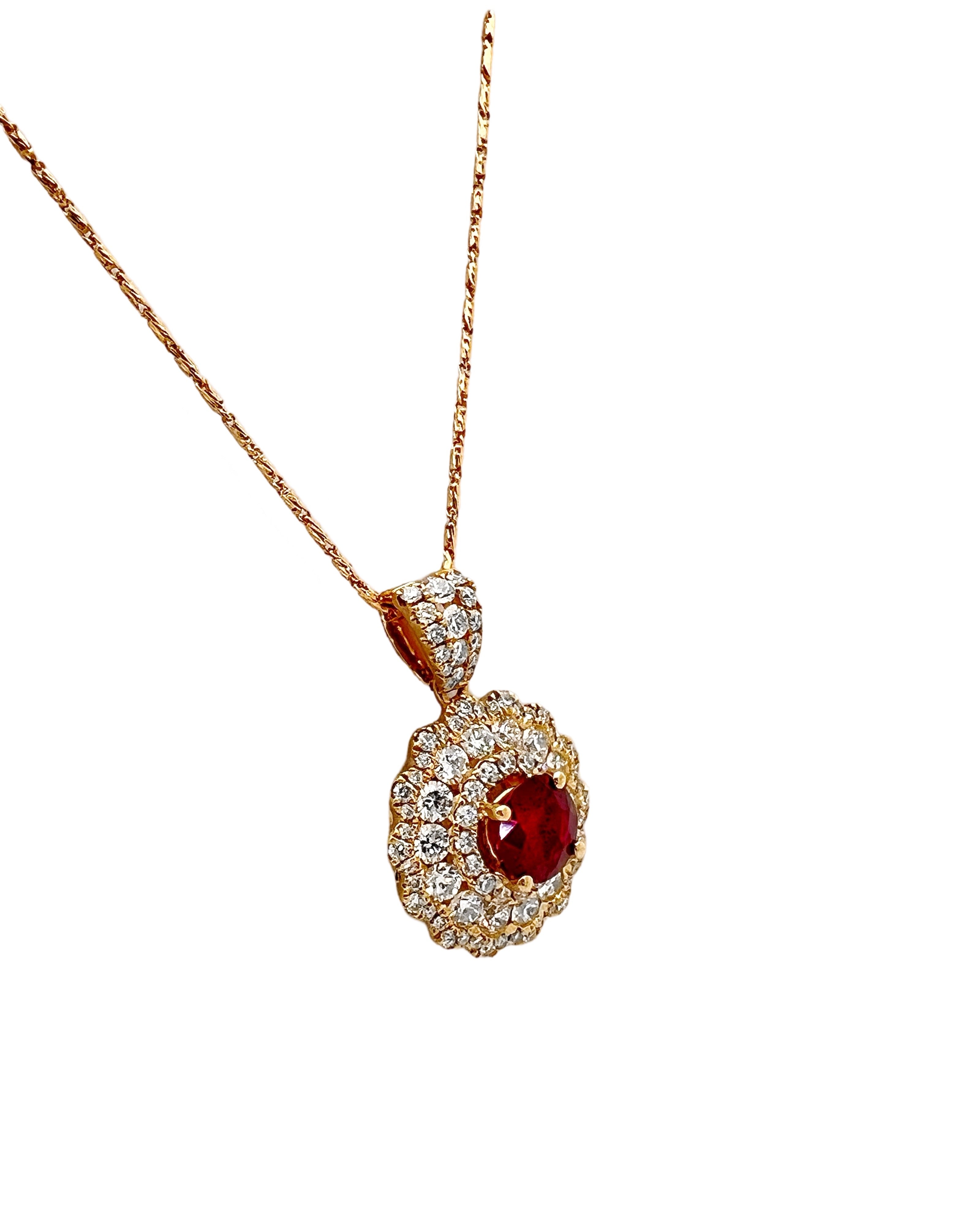 1.101 Carats Certified Burma Ruby & 1.70 Carats Diamonds, 18K Yellow Gold Pendant & Chain