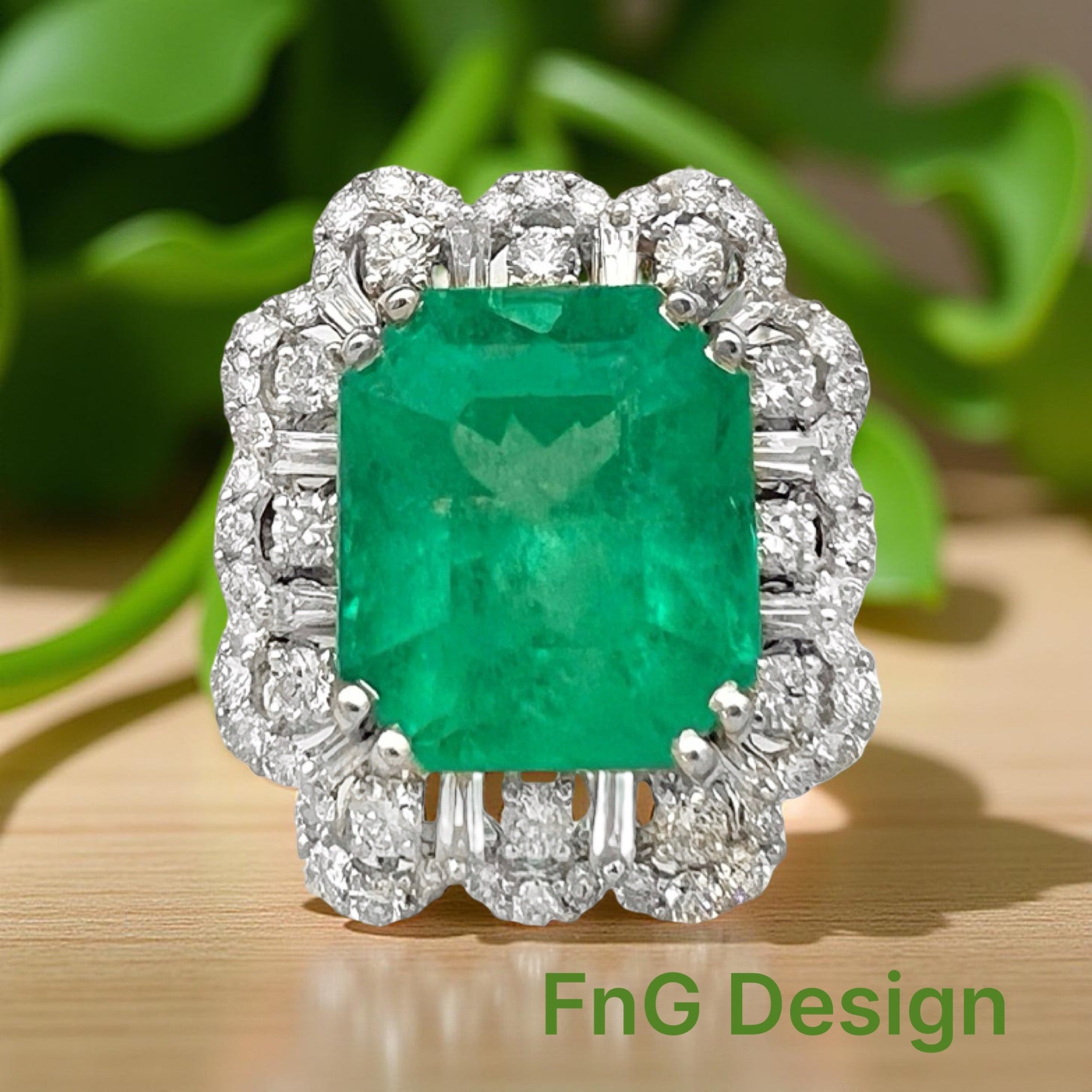 9.76Cts Colombian Emerald F1 (Certified) & 2.61Cts Diamonds VS2 Set 18Kt White Gold Ring