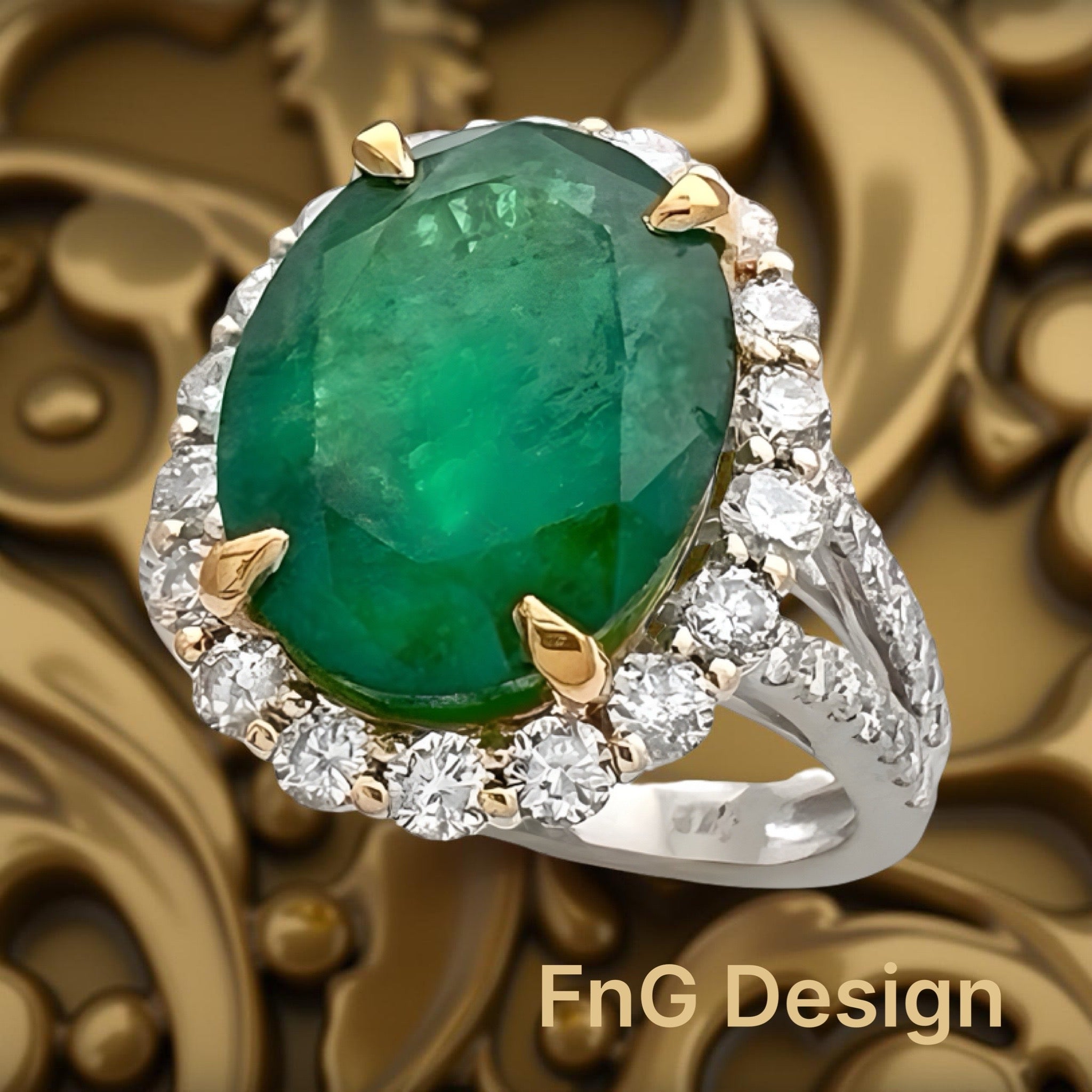 6.47 Carats Brazilian Emerald F1 (Certified) & 1.44 Carats Diamond Halo Ring – 14K white & Yellow Gold Ring