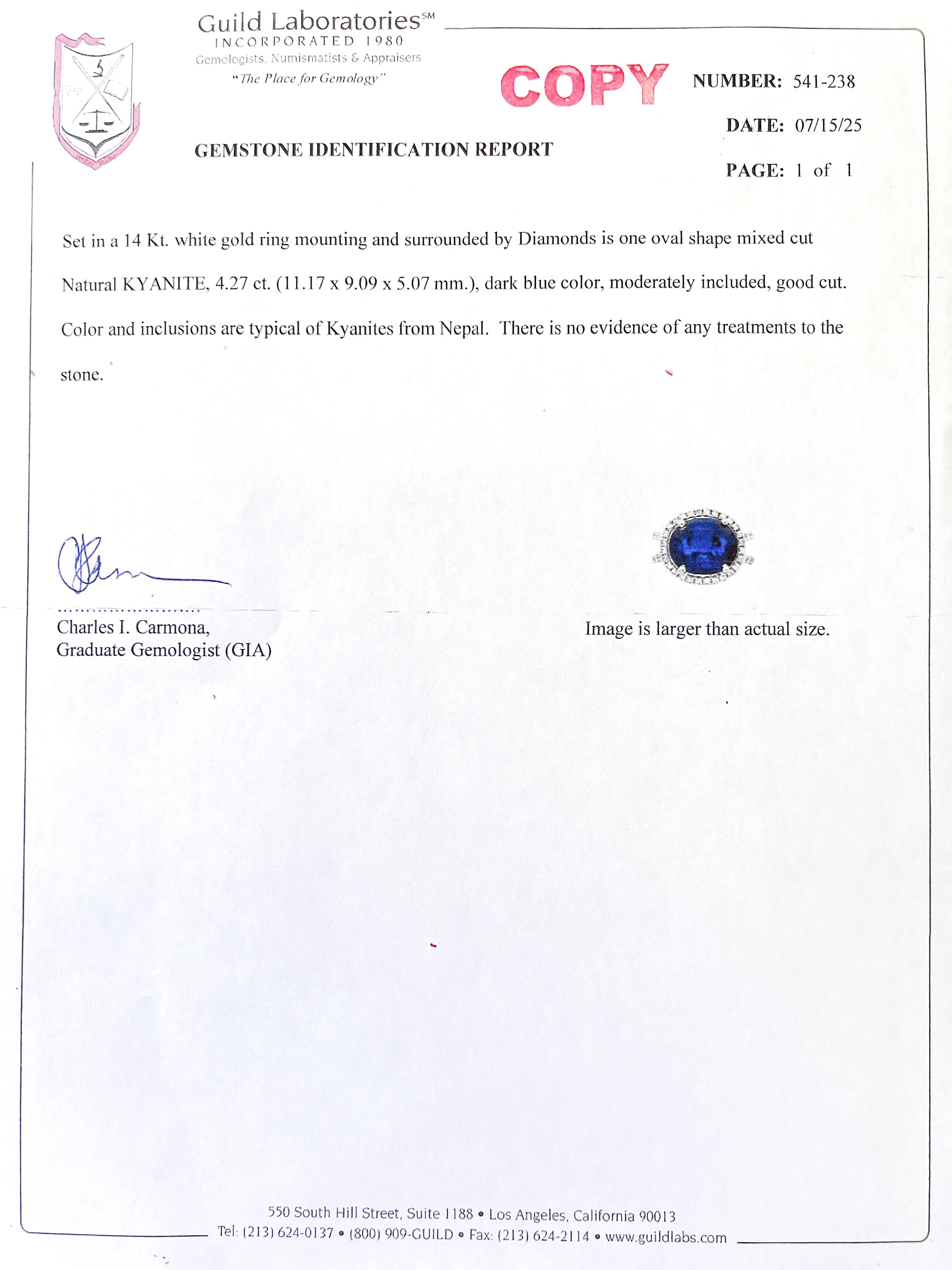 4.27 Carats Kyanite Nepal Unheated (Certified) & 0.74 Carats Diamonds SI Set In 14 Karat White Gold Ring