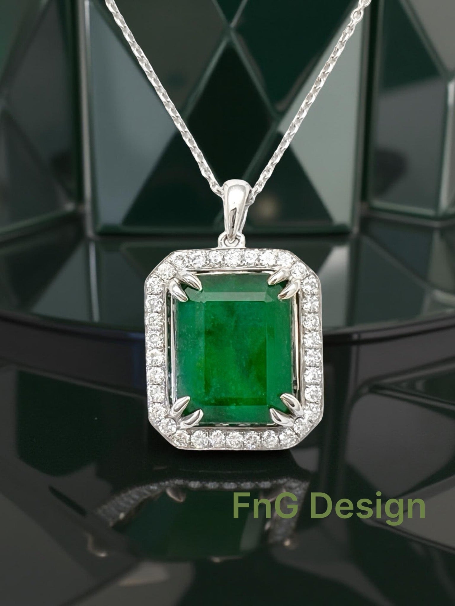 6.05 Carats Brazilian Emerald No-Oil (Certified) & 0.55 Carats Diamonds VS2 Set In 14 Karat White Gold Pendant Includes 14 Karat Chain 18 Inches