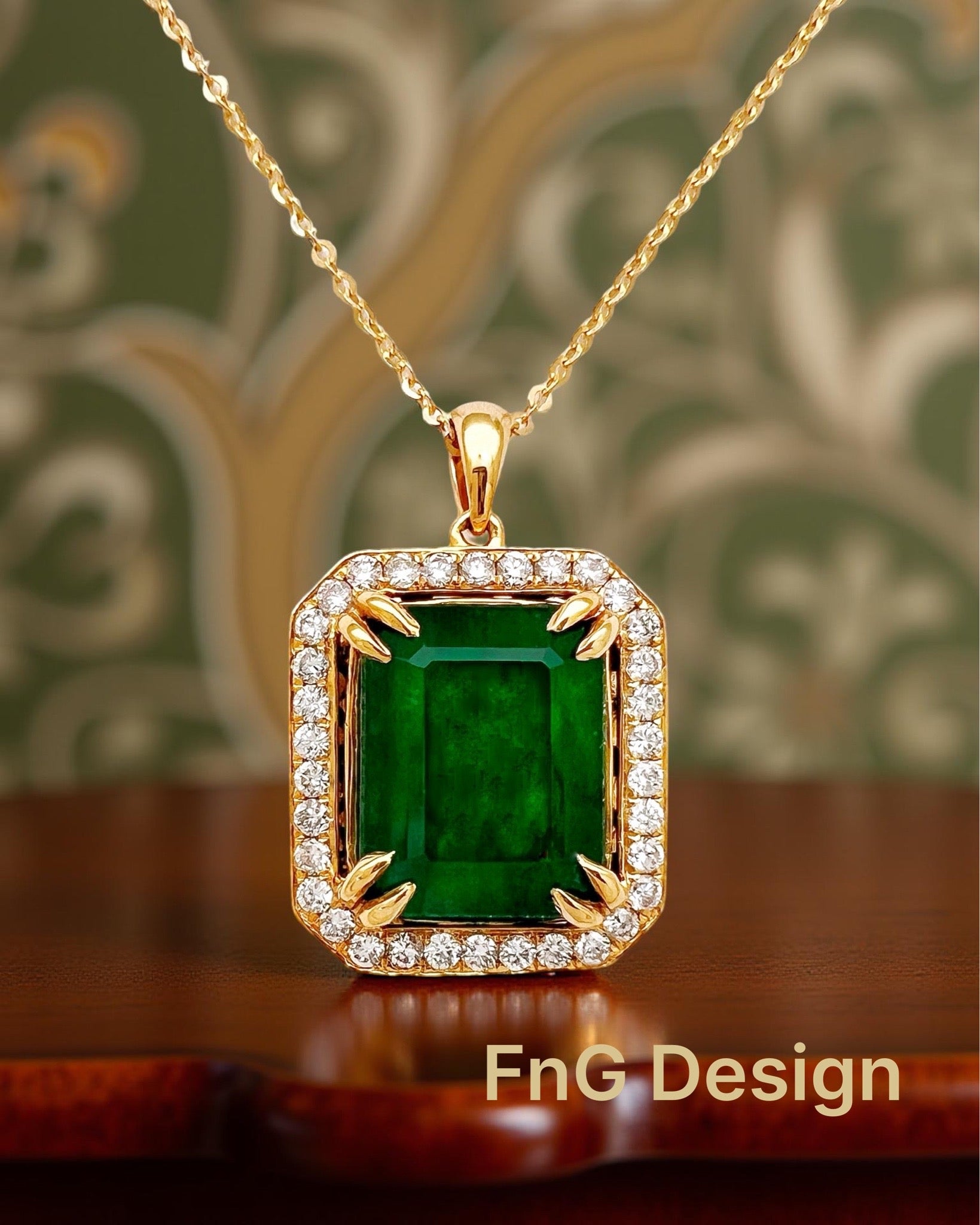 7.08 Carats Brazilian Emerald No-Oil (Certified) & 0.56 Carats Diamonds VS2 (34 melees) 3.6 Grams Set In 14 Karat Yellow Gold Pendant Includes 14 Karat Chain 18 Inches