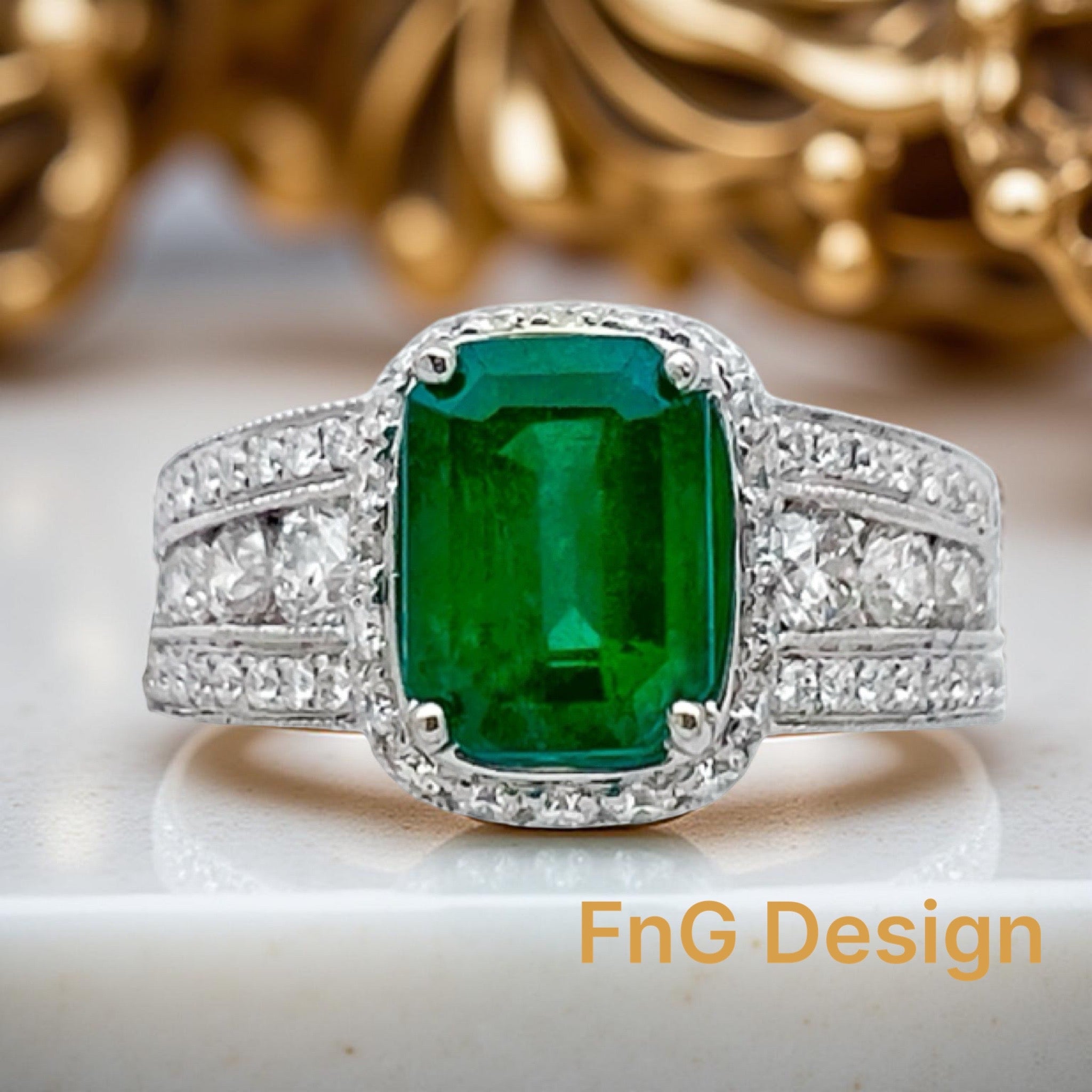 2.01 Carats Emerald Zambian F1 (Certified) & 2.01 Carats Diamond VS2 Set In 14 Karat White Gold Ring