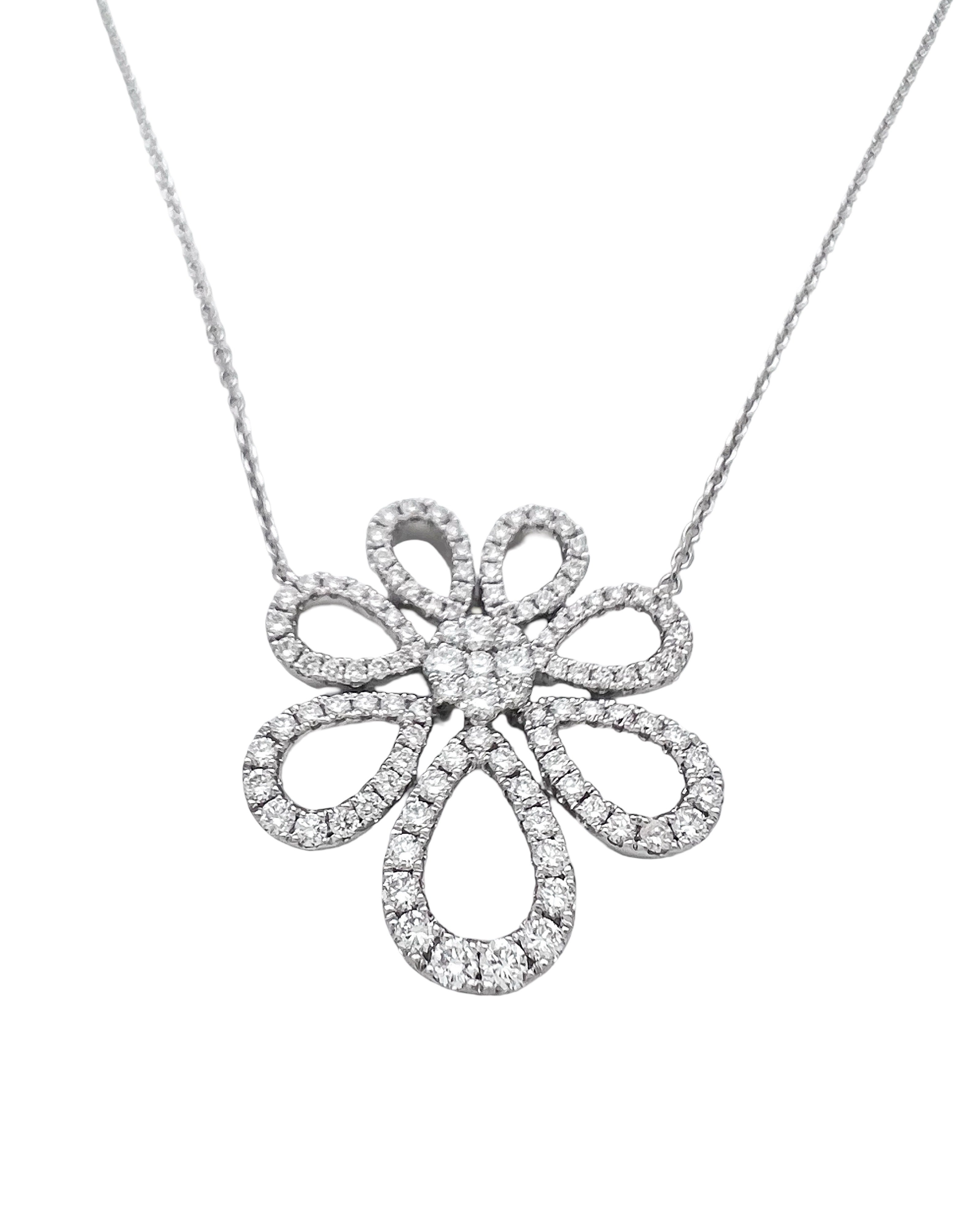 2.71 Carats Diamonds VS2 Set In 14 Karat White Gold Floral Motif Pendant Attached 17” Adjustable 16” Diamond-Cut Rolo Chain