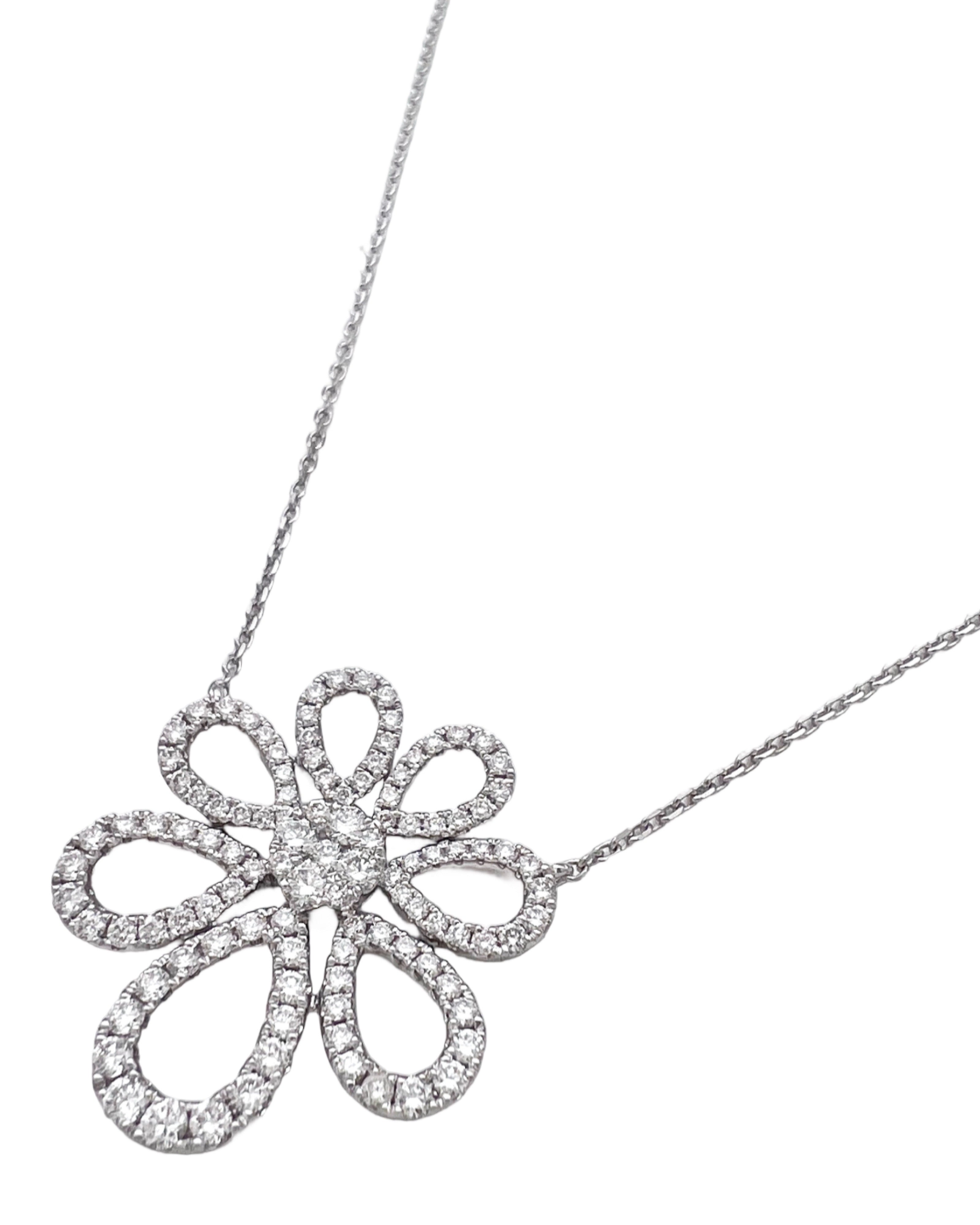 2.71 Carats Diamonds VS2 Set In 14 Karat White Gold Floral Motif Pendant Attached 17” Adjustable 16” Diamond-Cut Rolo Chain