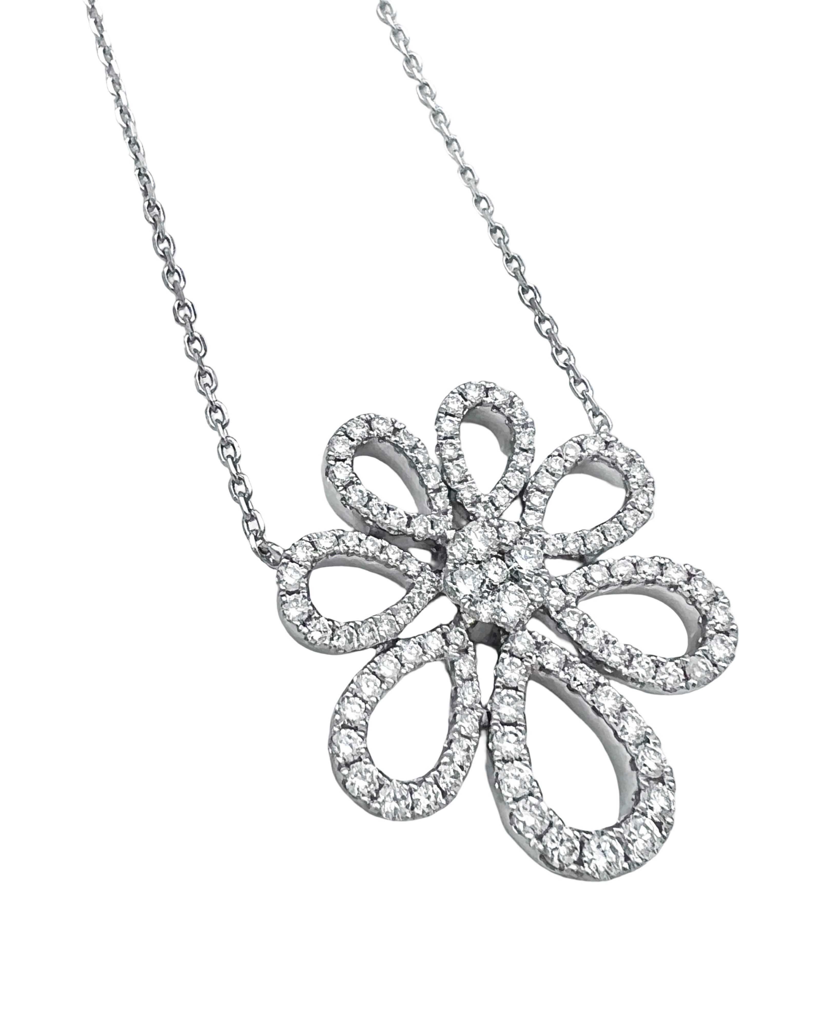 2.71 Carats Diamonds VS2 Set In 14 Karat White Gold Floral Motif Pendant Attached 17” Adjustable 16” Diamond-Cut Rolo Chain
