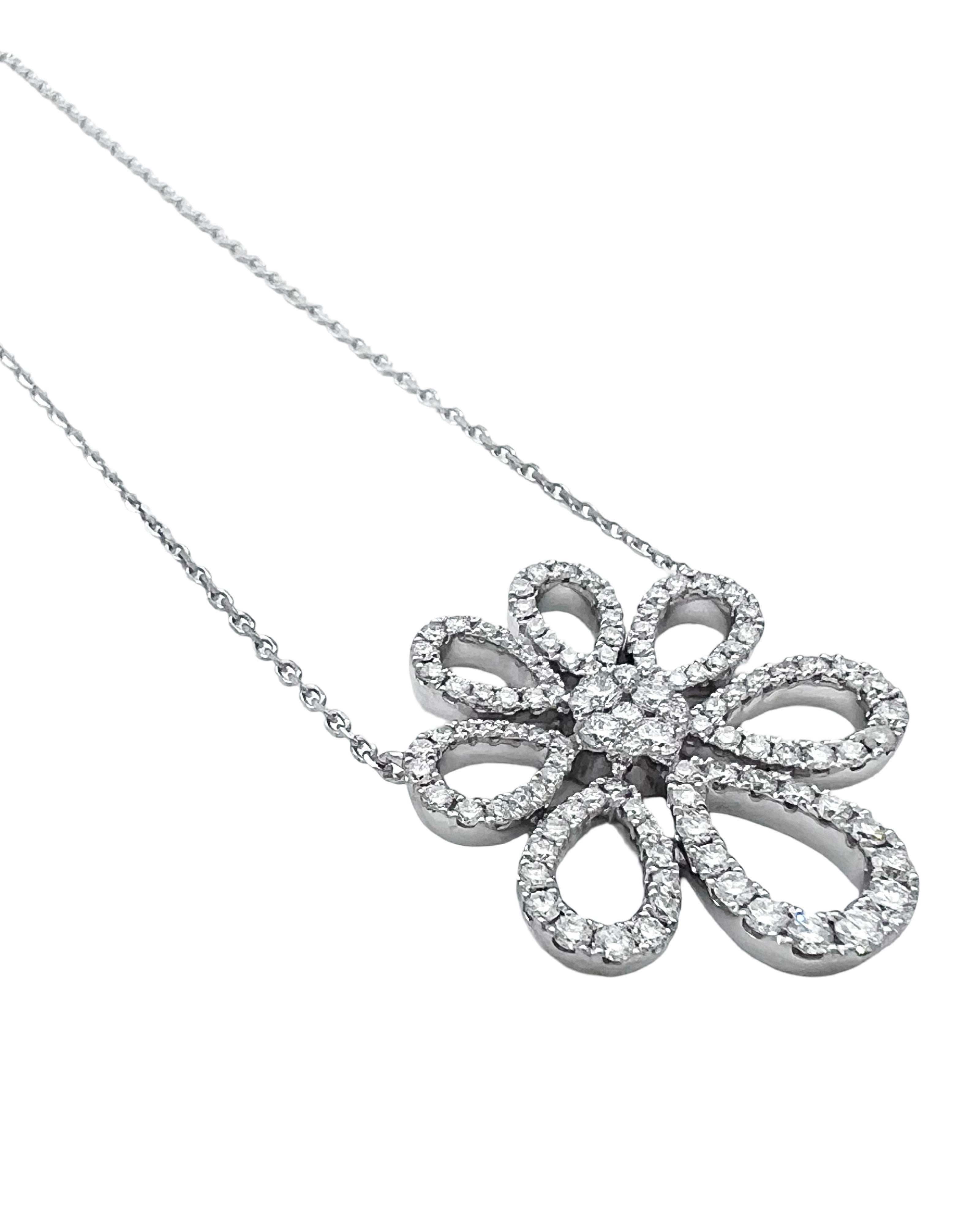 2.71 Carats Diamonds VS2 Set In 14 Karat White Gold Floral Motif Pendant Attached 17” Adjustable 16” Diamond-Cut Rolo Chain