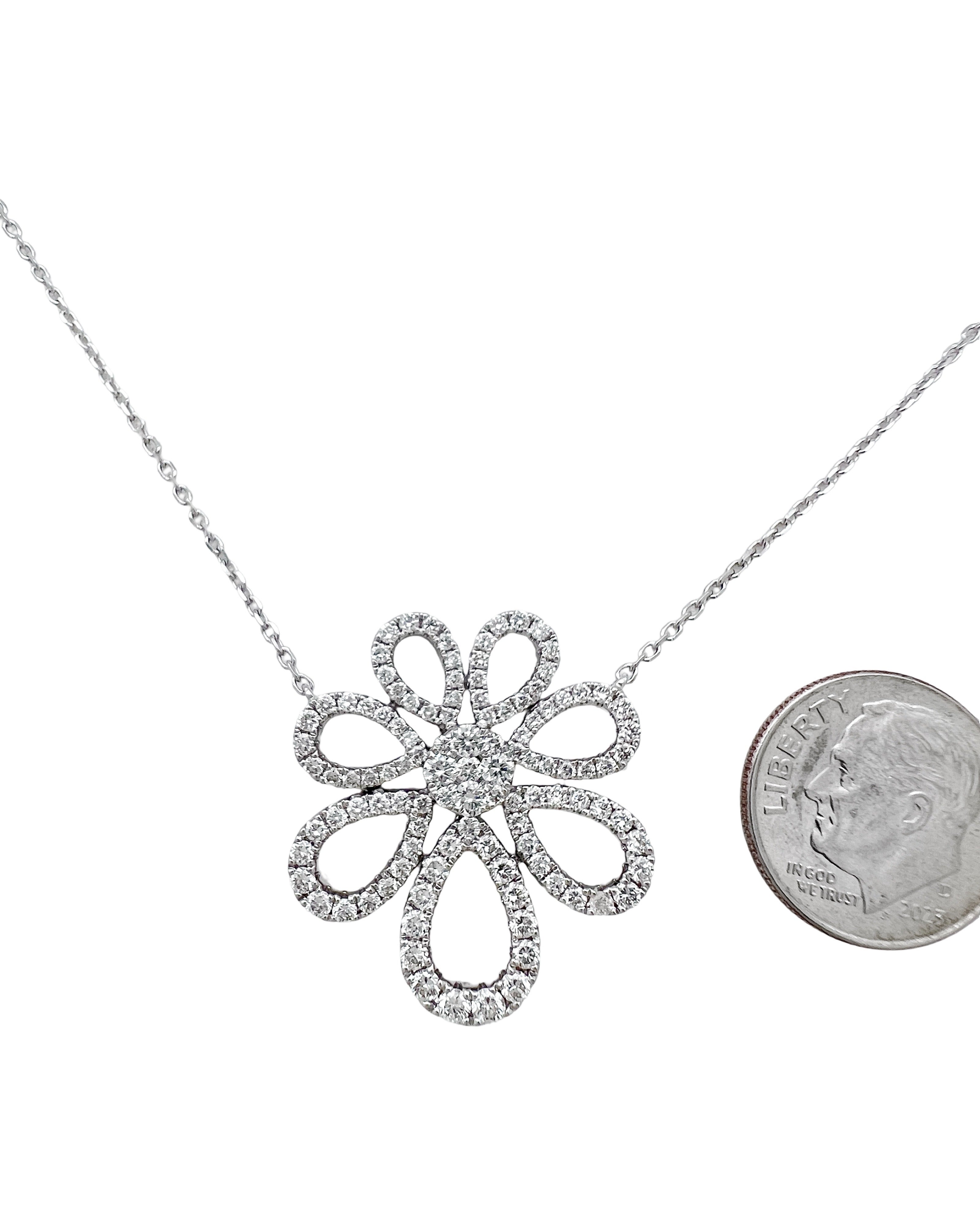 2.71 Carats Diamonds VS2 Set In 14 Karat White Gold Floral Motif Pendant Attached 17” Adjustable 16” Diamond-Cut Rolo Chain
