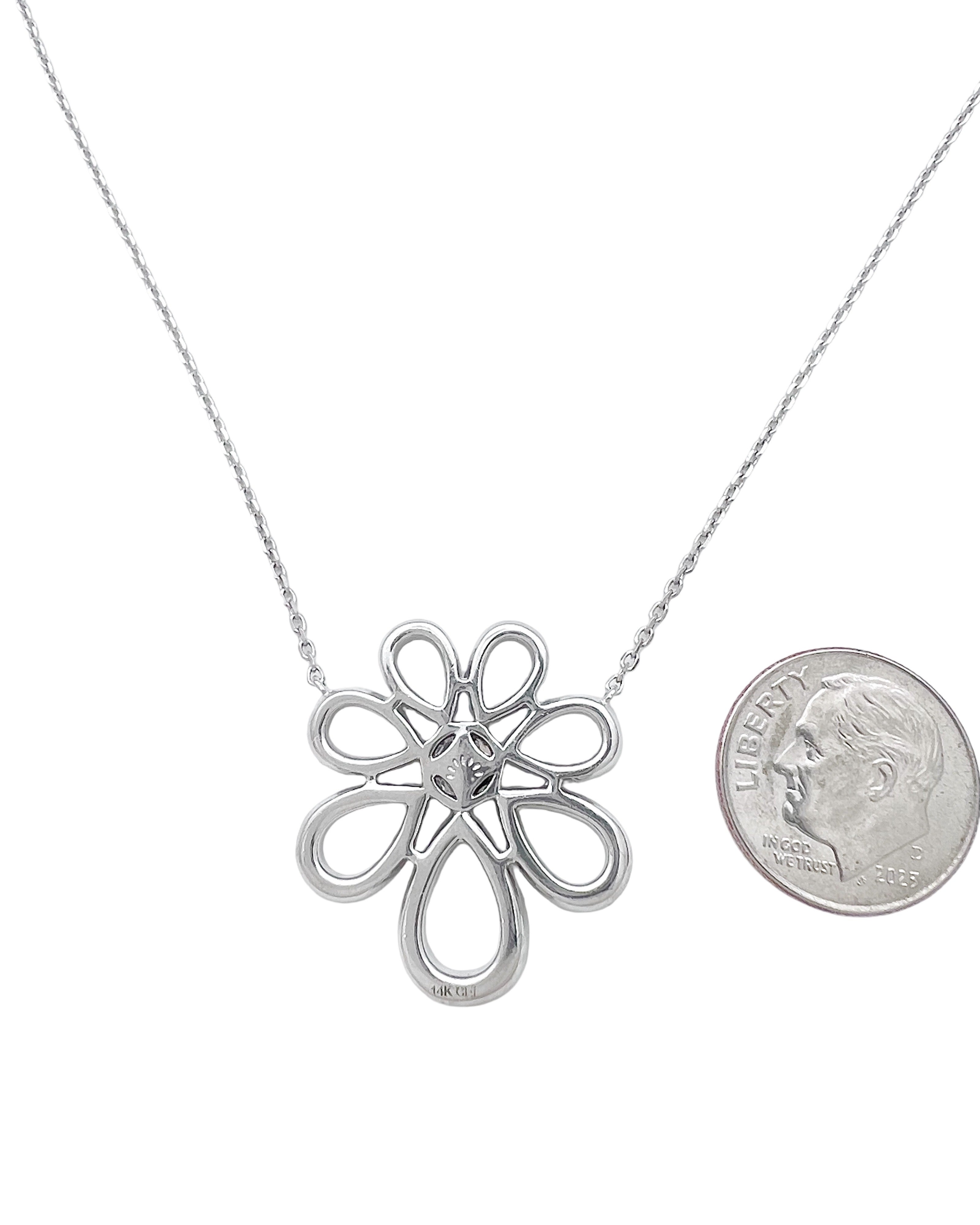 2.71 Carats Diamonds VS2 Set In 14 Karat White Gold Floral Motif Pendant Attached 17” Adjustable 16” Diamond-Cut Rolo Chain