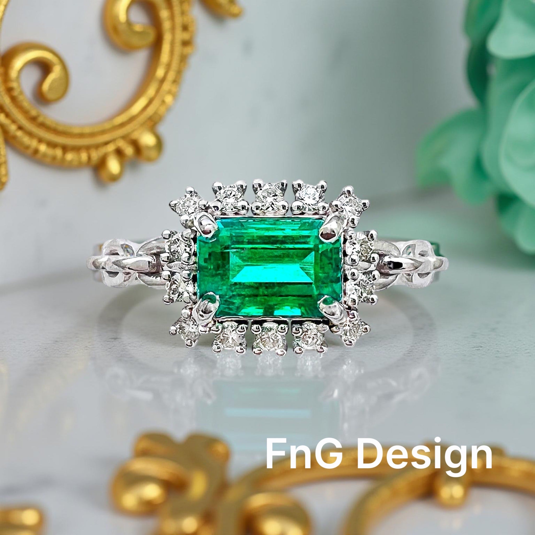 0.77 Carats Colombian Emerald F1 And 0.24 Carats Diamond VS2 Set 14 Karat White Gold Ring