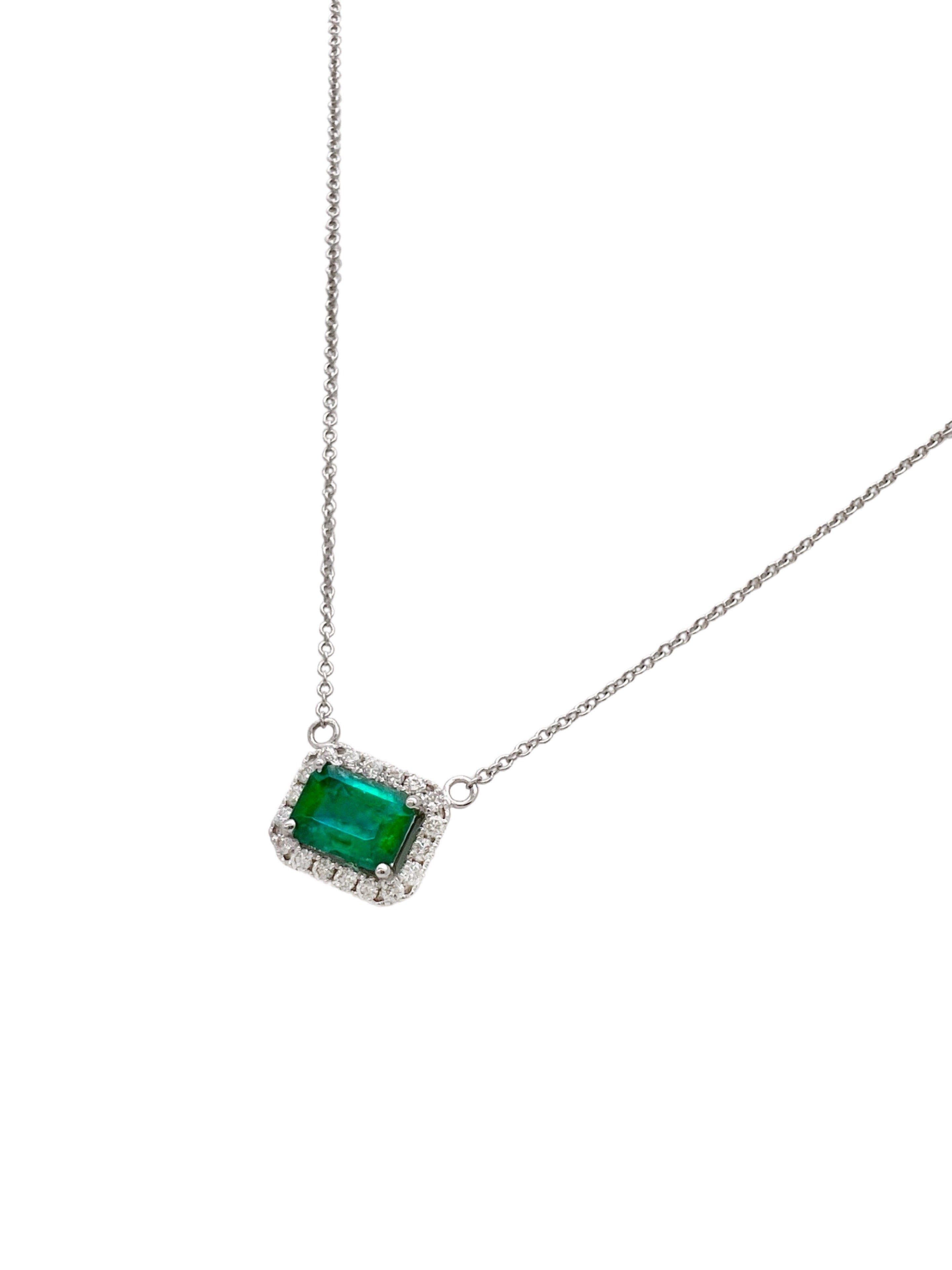 0.82 Cts Emerald F2 Brazilian Cert. & 0.31 Cts Diamond Necklace 14K White Gold