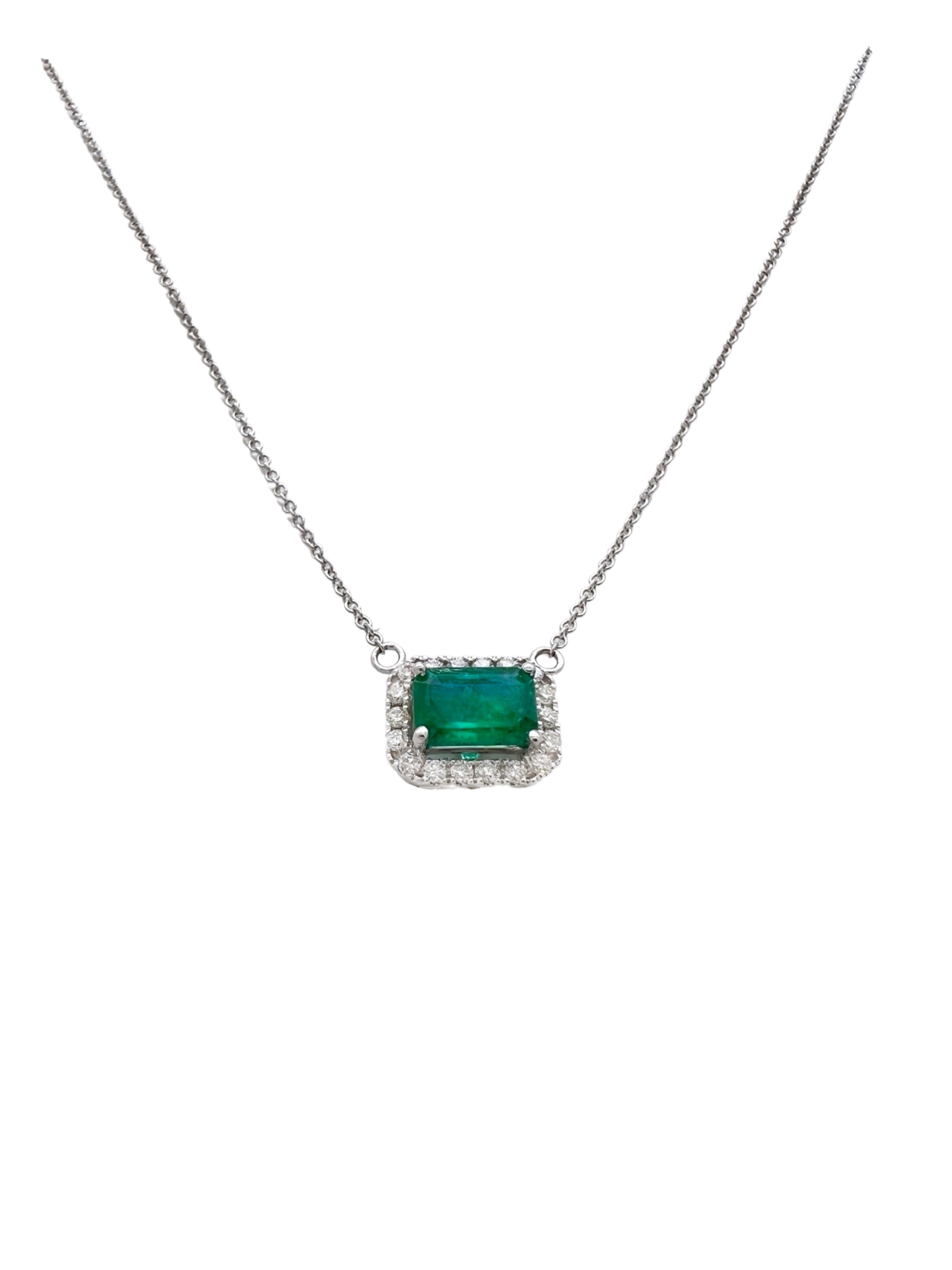 0.82 Cts Emerald F2 Brazilian Cert. & 0.31 Cts Diamond Necklace 14K White Gold