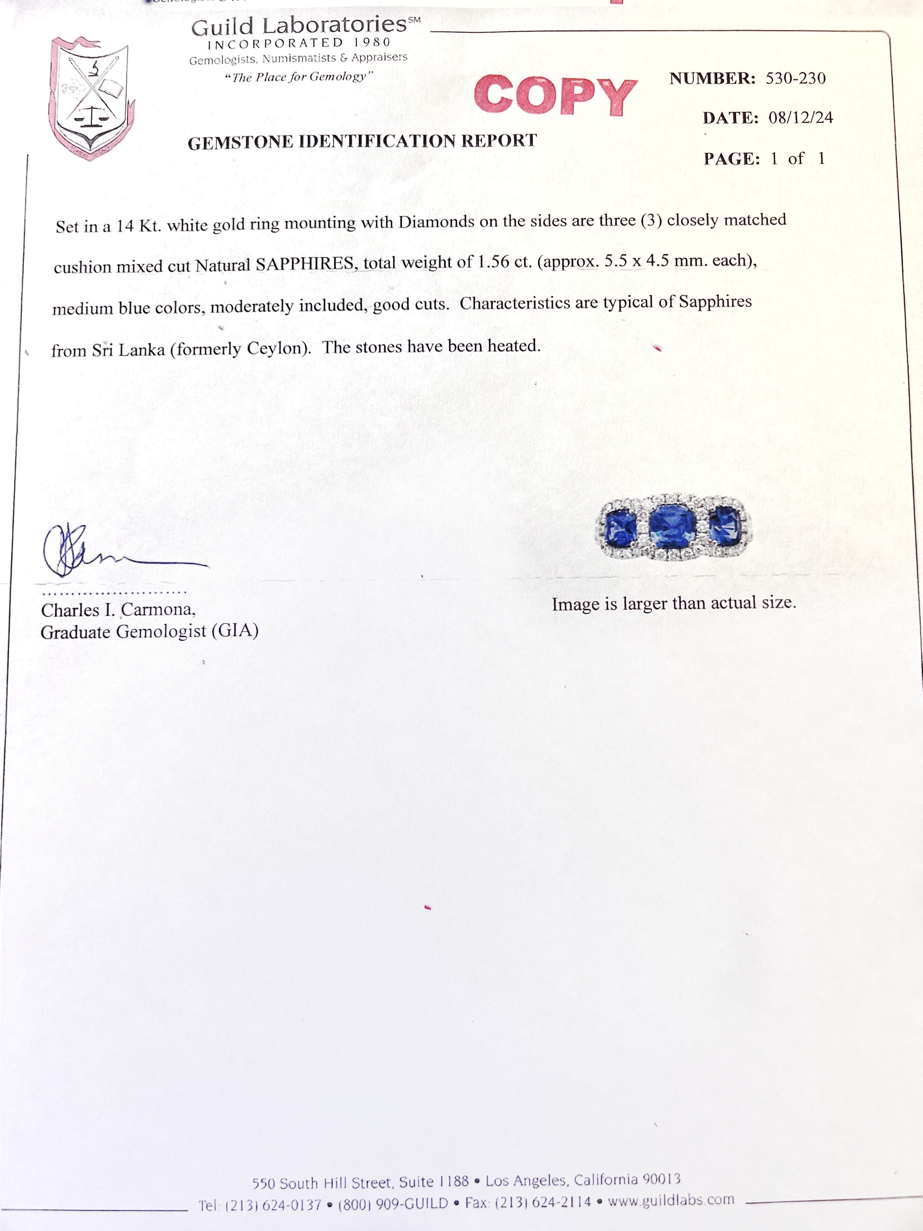 1.56Cts Sapphires Ceylon(Med Blue) 0.75Cts Diamonds 14K White Gold Ring