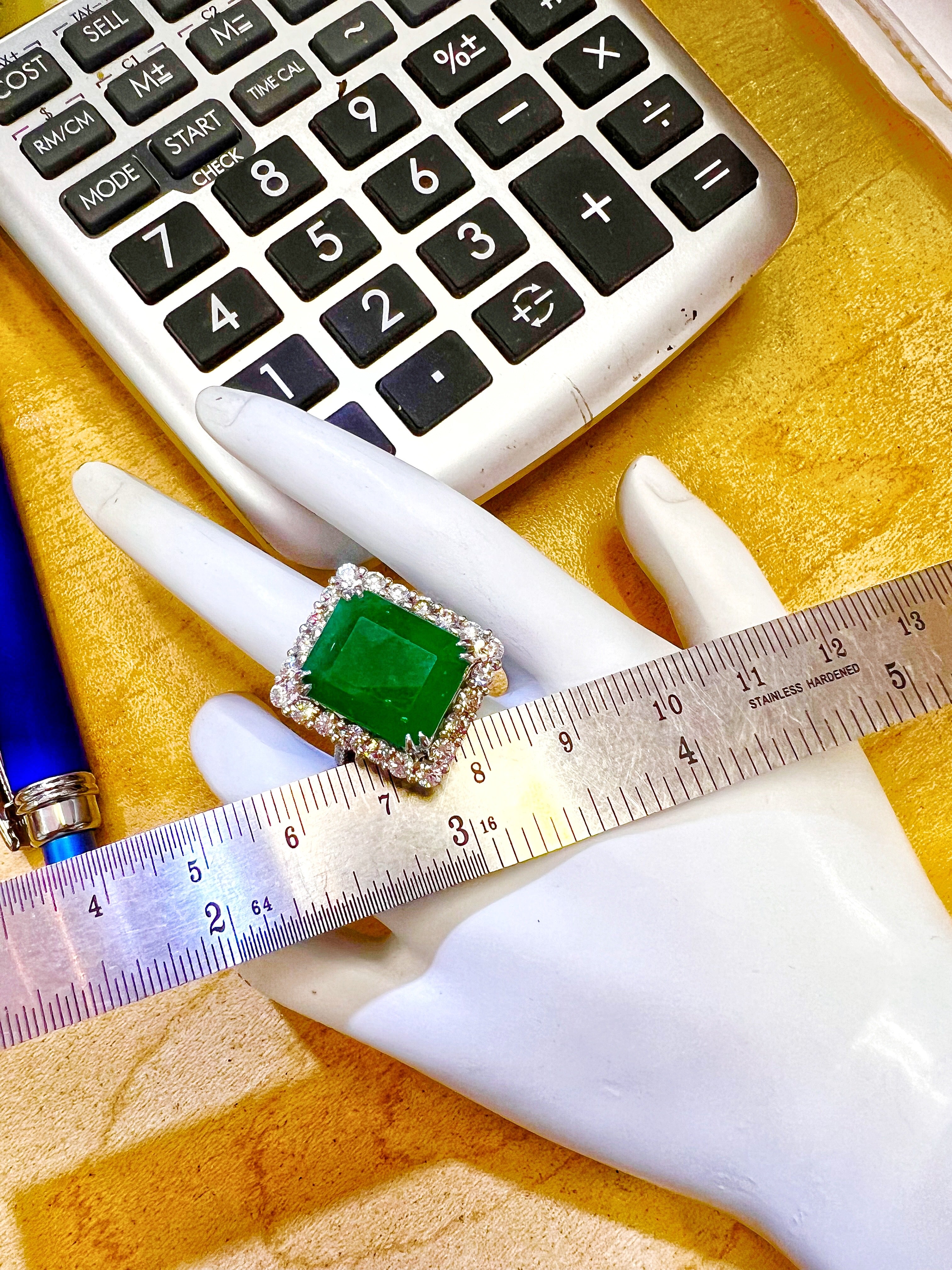 9.508 Carats  Emerald No-Oil  Brazilian (Certified) & 2.12Cts Diamonds Set In 18 Karat White Gold Ring Or Pendant