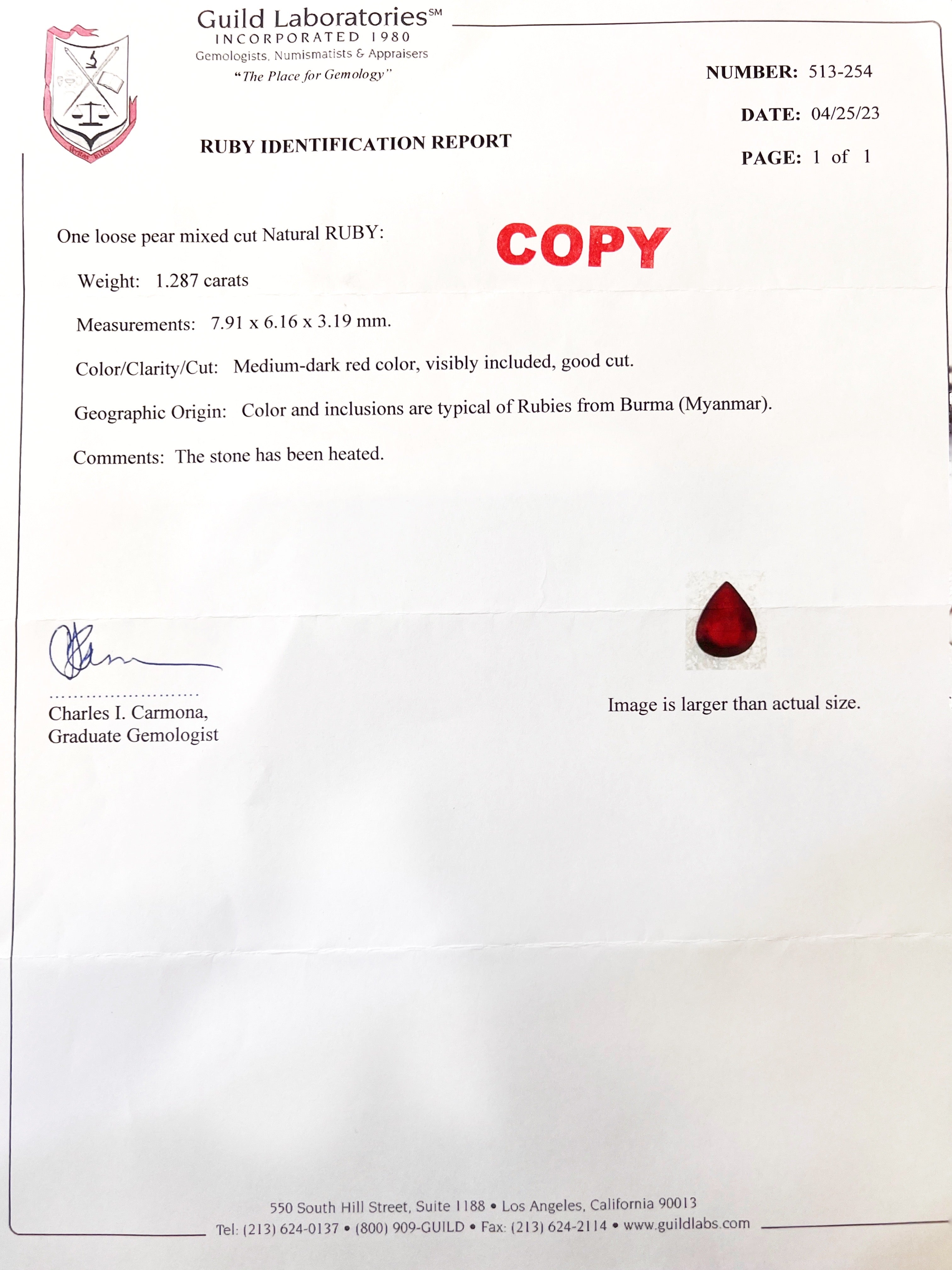 1.287 Cts Ruby Burma(Myanmar) Certified & 1.24 Cts Diamonds 18K White Gold Ring