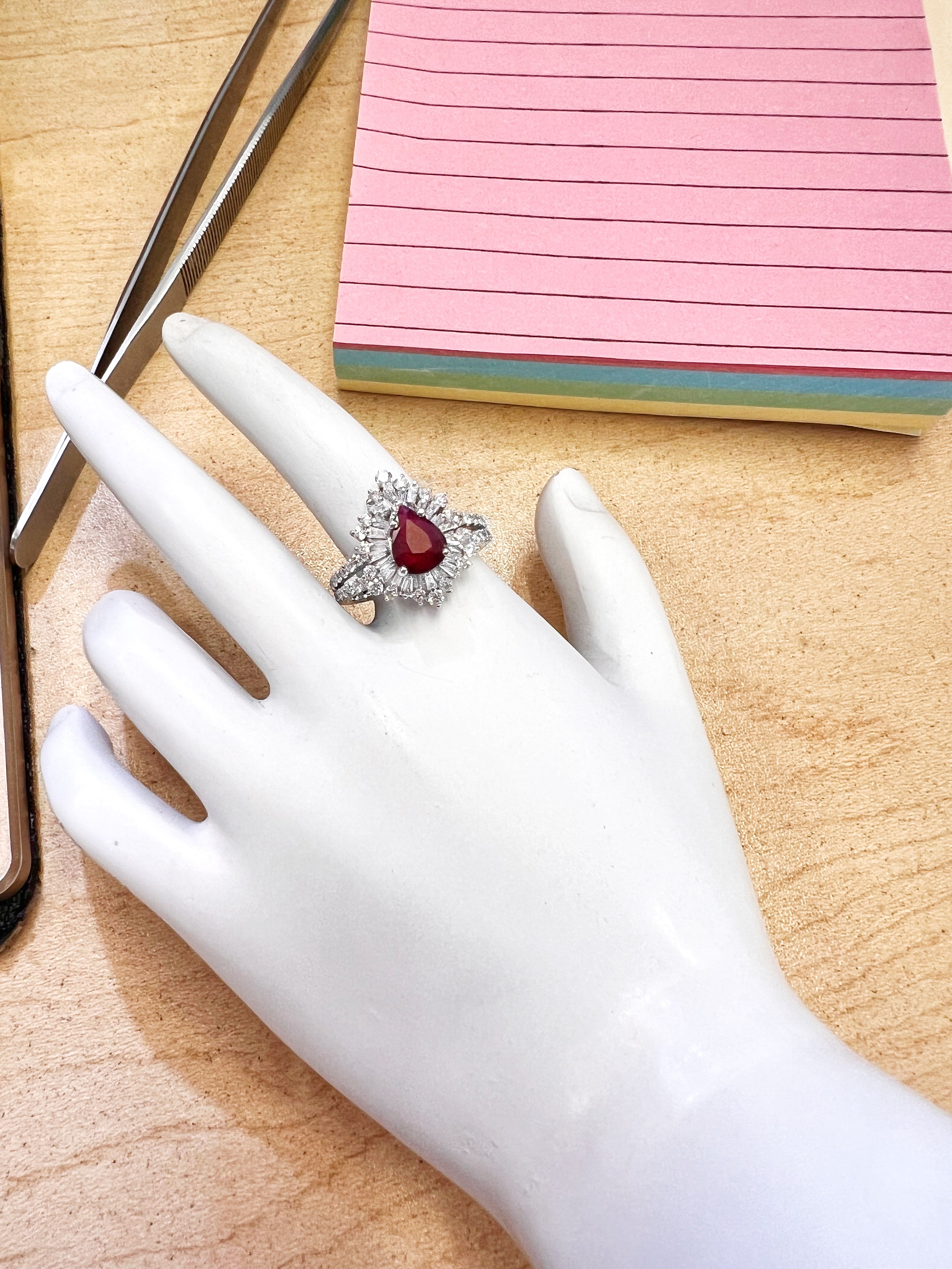 1.287 Cts Ruby Burma(Myanmar) Certified & 1.24 Cts Diamonds 18K White Gold Ring