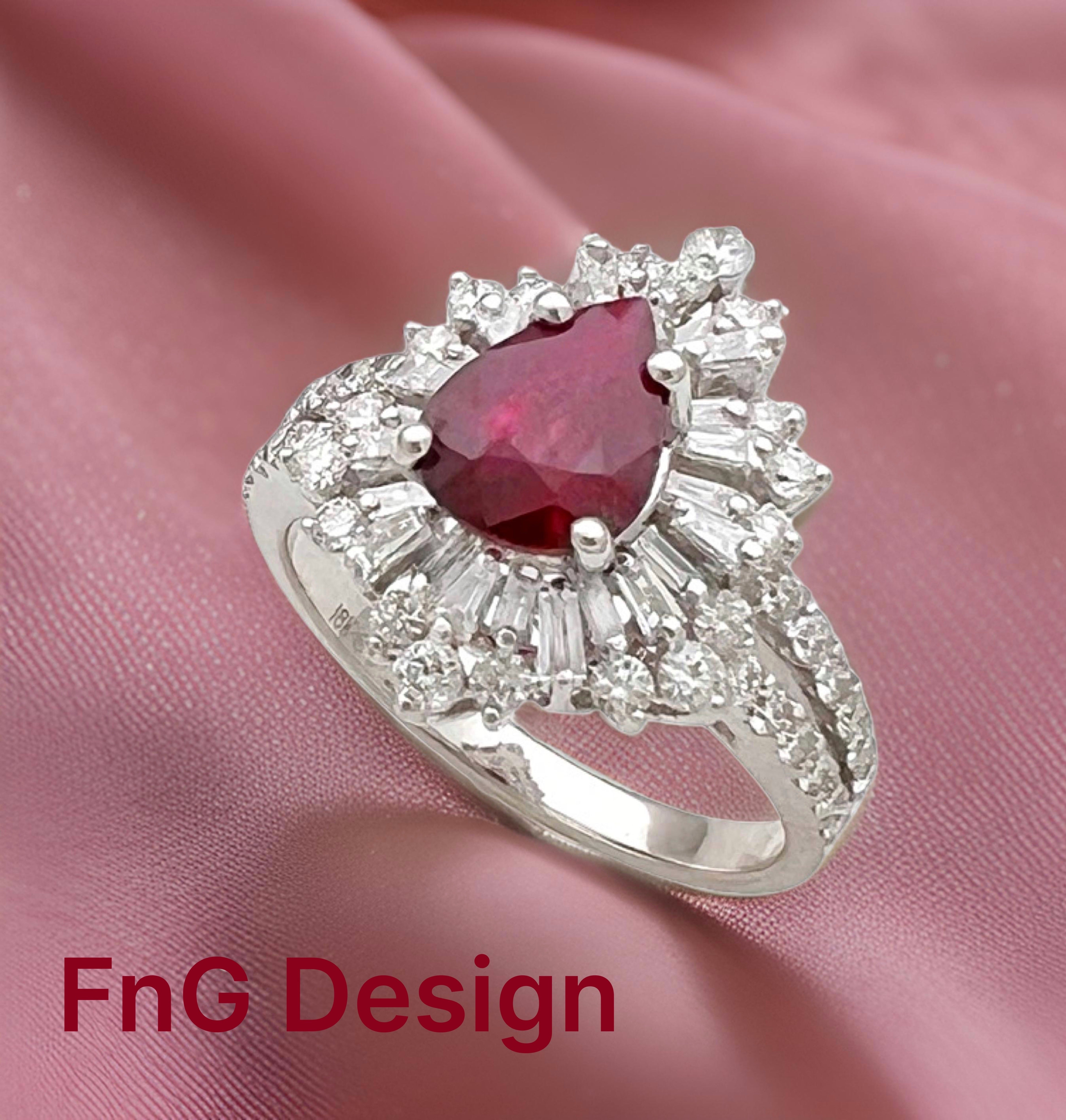 1.287 Cts Ruby Burma(Myanmar) Certified & 1.24 Cts Diamonds 18K White Gold Ring