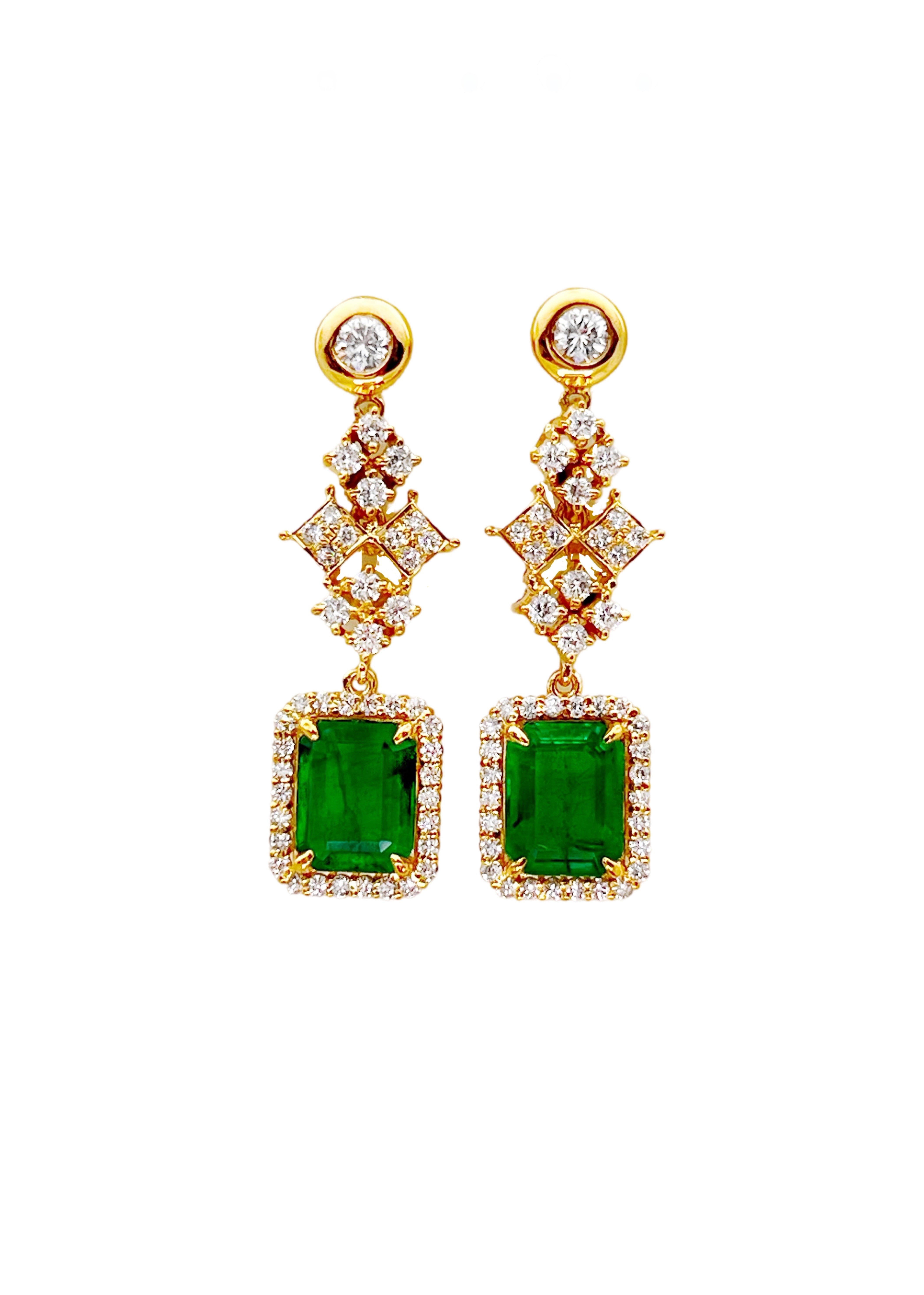 3.33 Ct Emerald F1-F2 (Columbian)Certified & 2.11 Ct Dia 18K Yellow Gold Earring