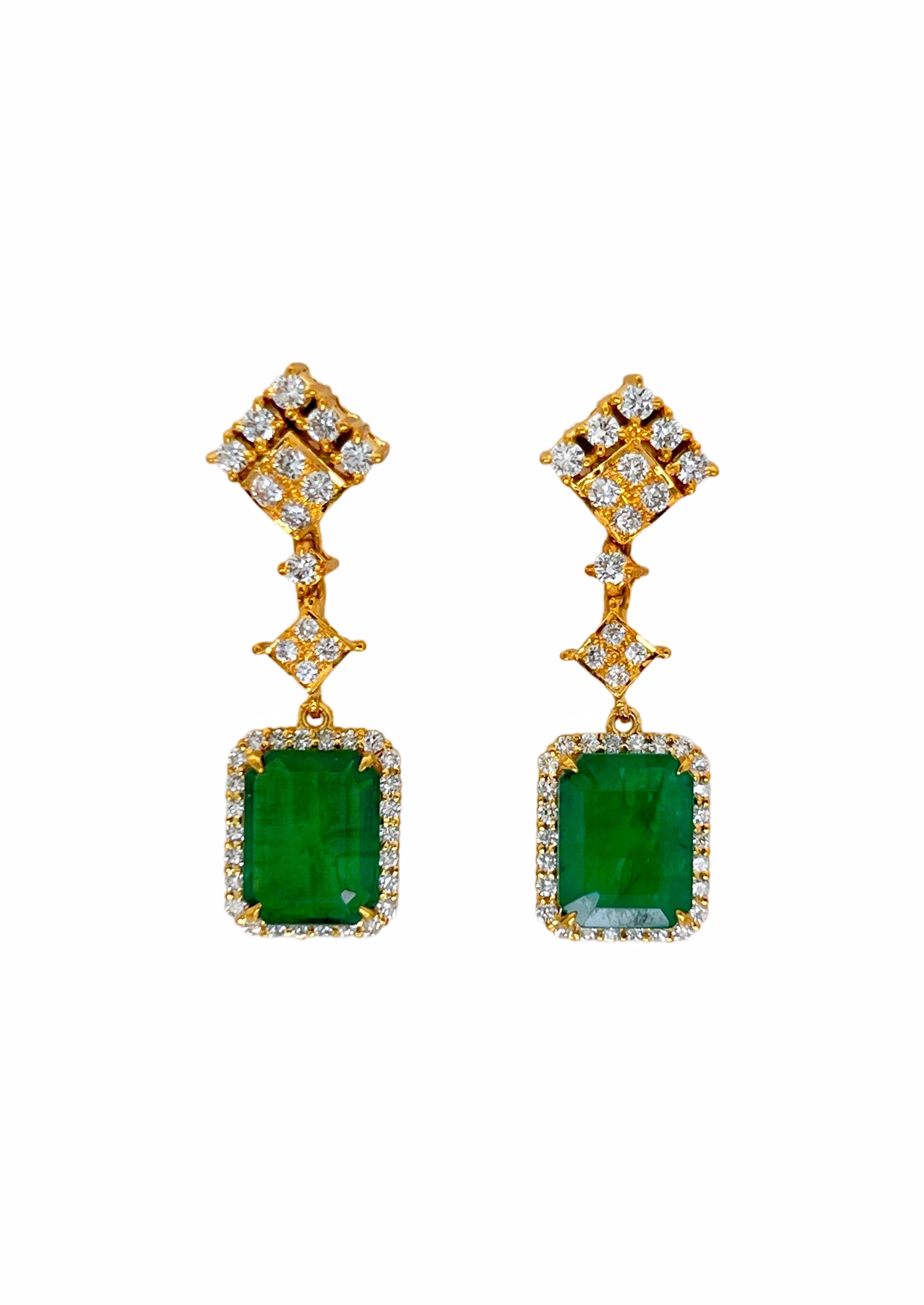 5.00Cts Emerald F1-F2(Brazilian)Certified & 2.02Cts Dia 18K Yellow Gold Earrings