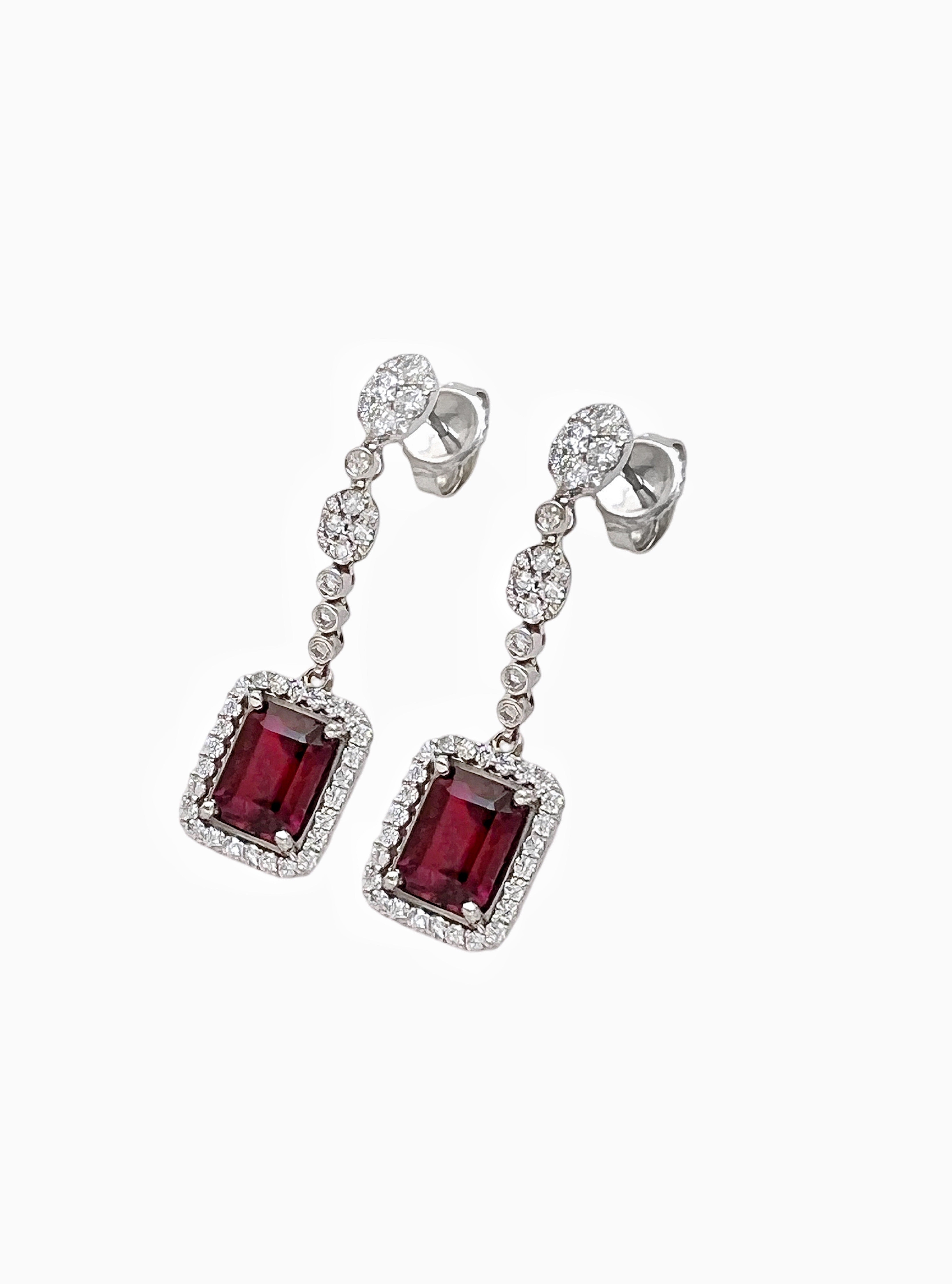 3.78Cts Rubellite Tourmaline Cert. & 1.51Cts Diamonds 18K White Gold Earrings