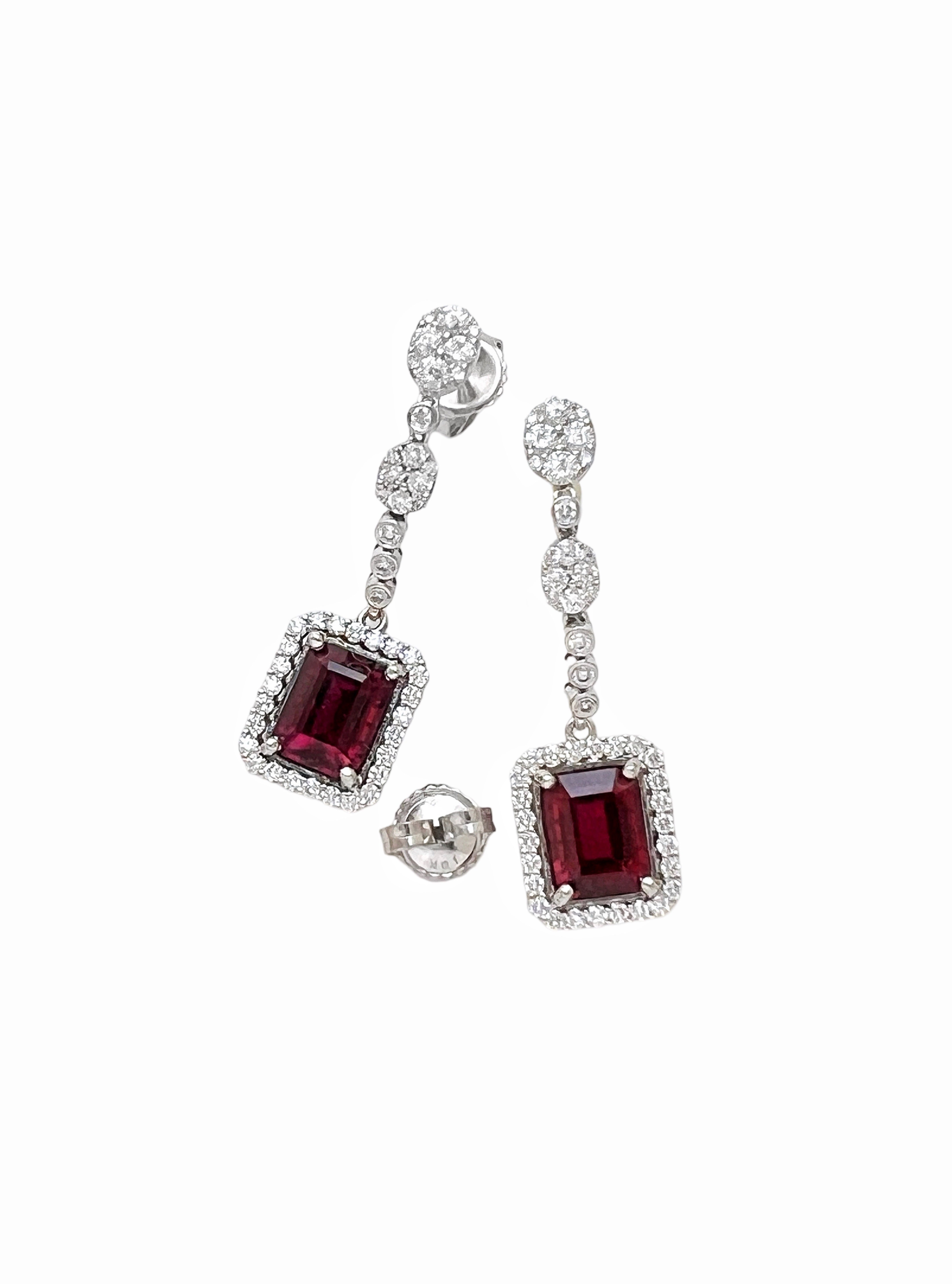 3.78Cts Rubellite Tourmaline Cert. & 1.51Cts Diamonds 18K White Gold Earrings