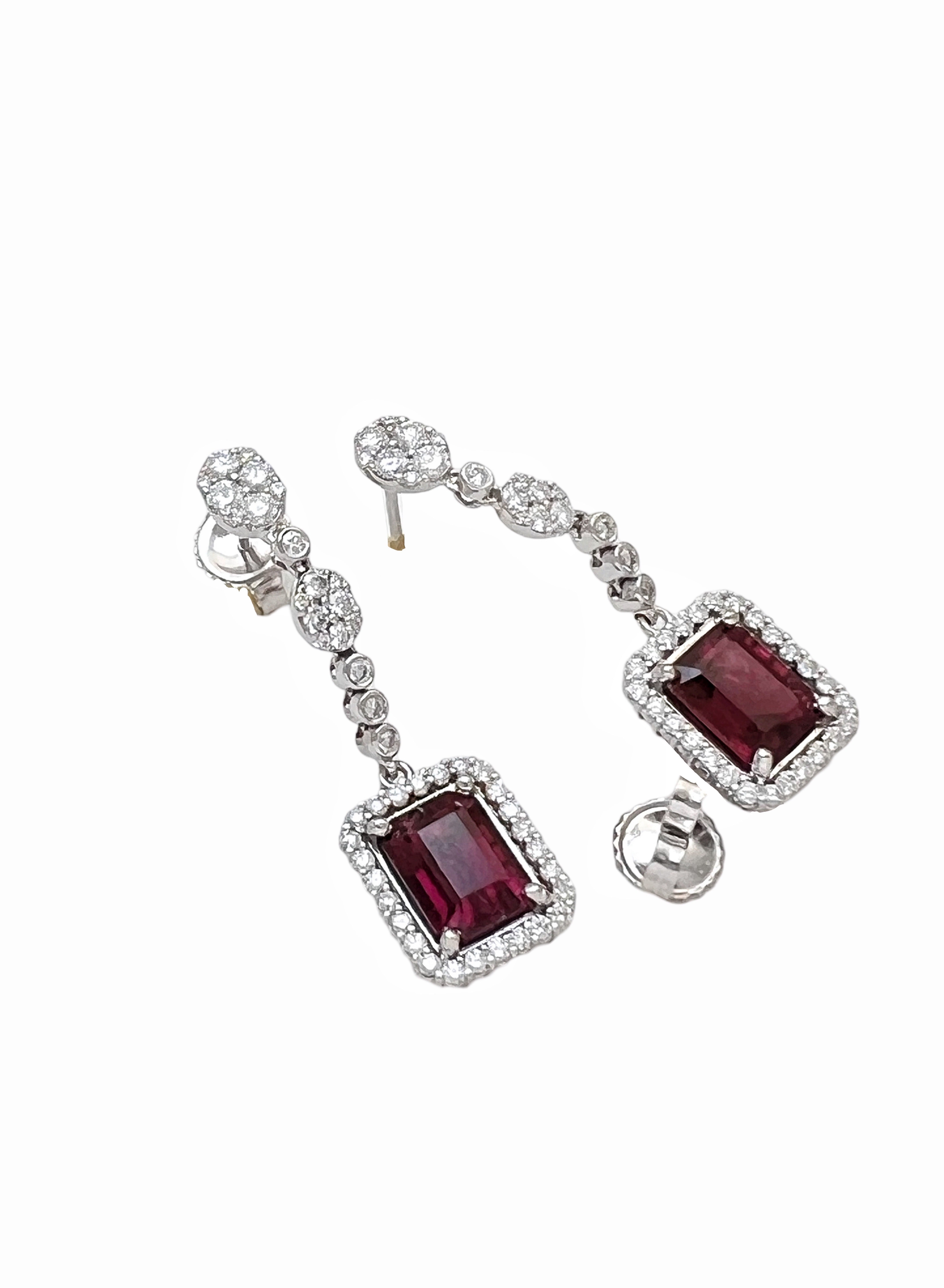 3.78Cts Rubellite Tourmaline Cert. & 1.51Cts Diamonds 18K White Gold Earrings
