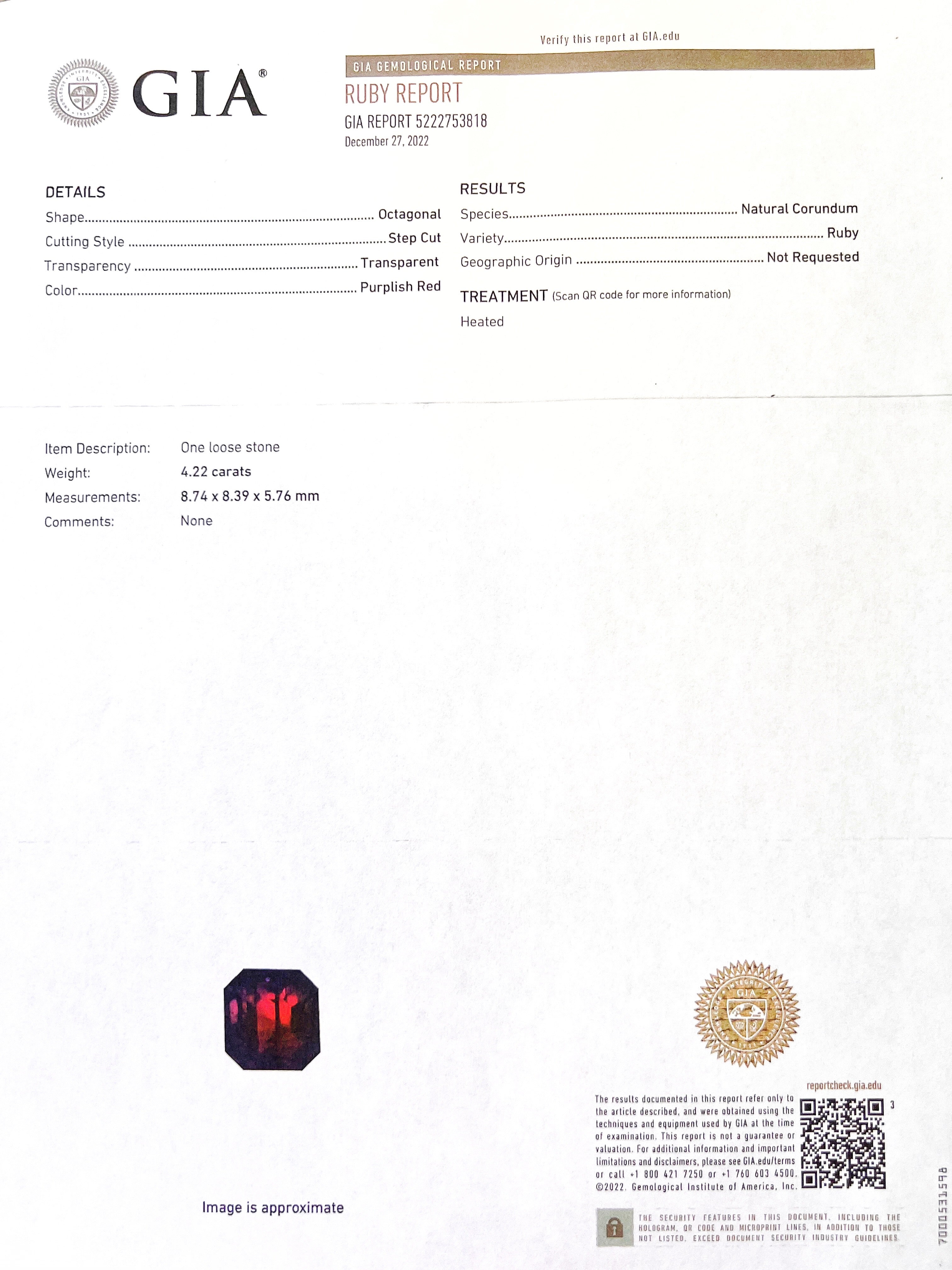 4.22 Cts Ruby (GIA Certified) and 1.55 Cts Diamond 14K White Gold Ring