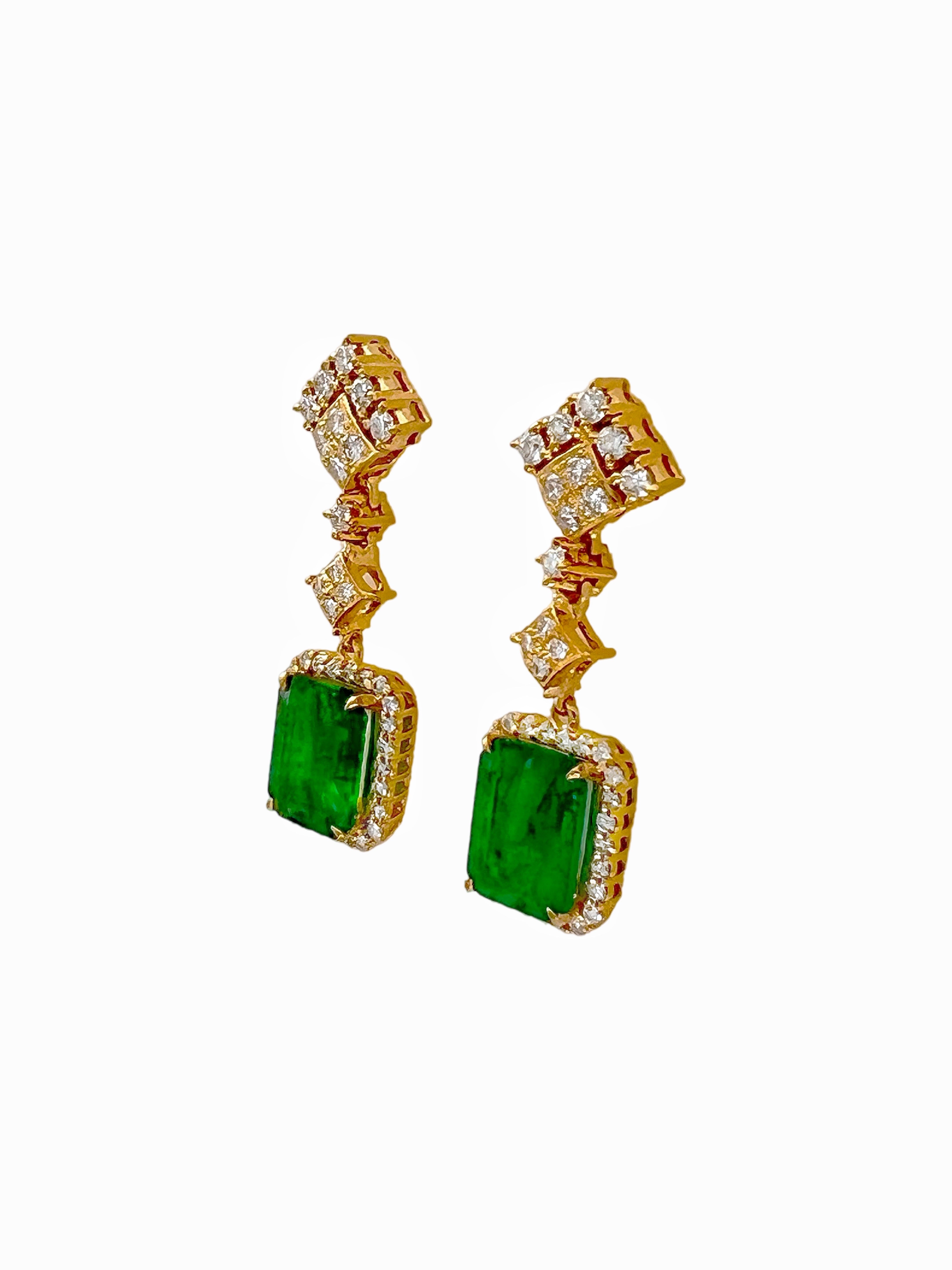 5.00Cts Emerald F1-F2(Brazilian)Certified & 2.02Cts Dia 18K Yellow Gold Earrings