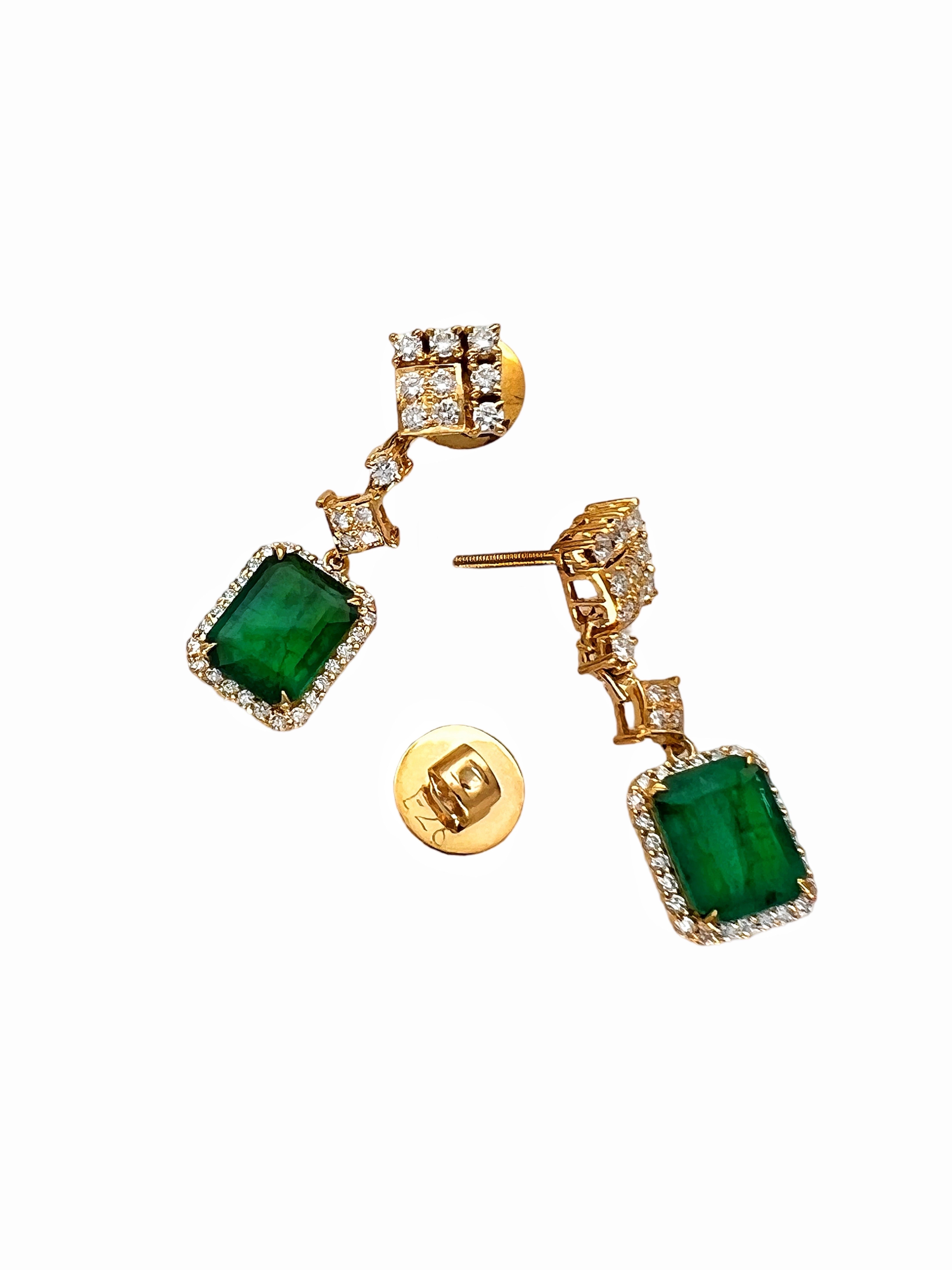 5.00Cts Emerald F1-F2(Brazilian)Certified & 2.02Cts Dia 18K Yellow Gold Earrings