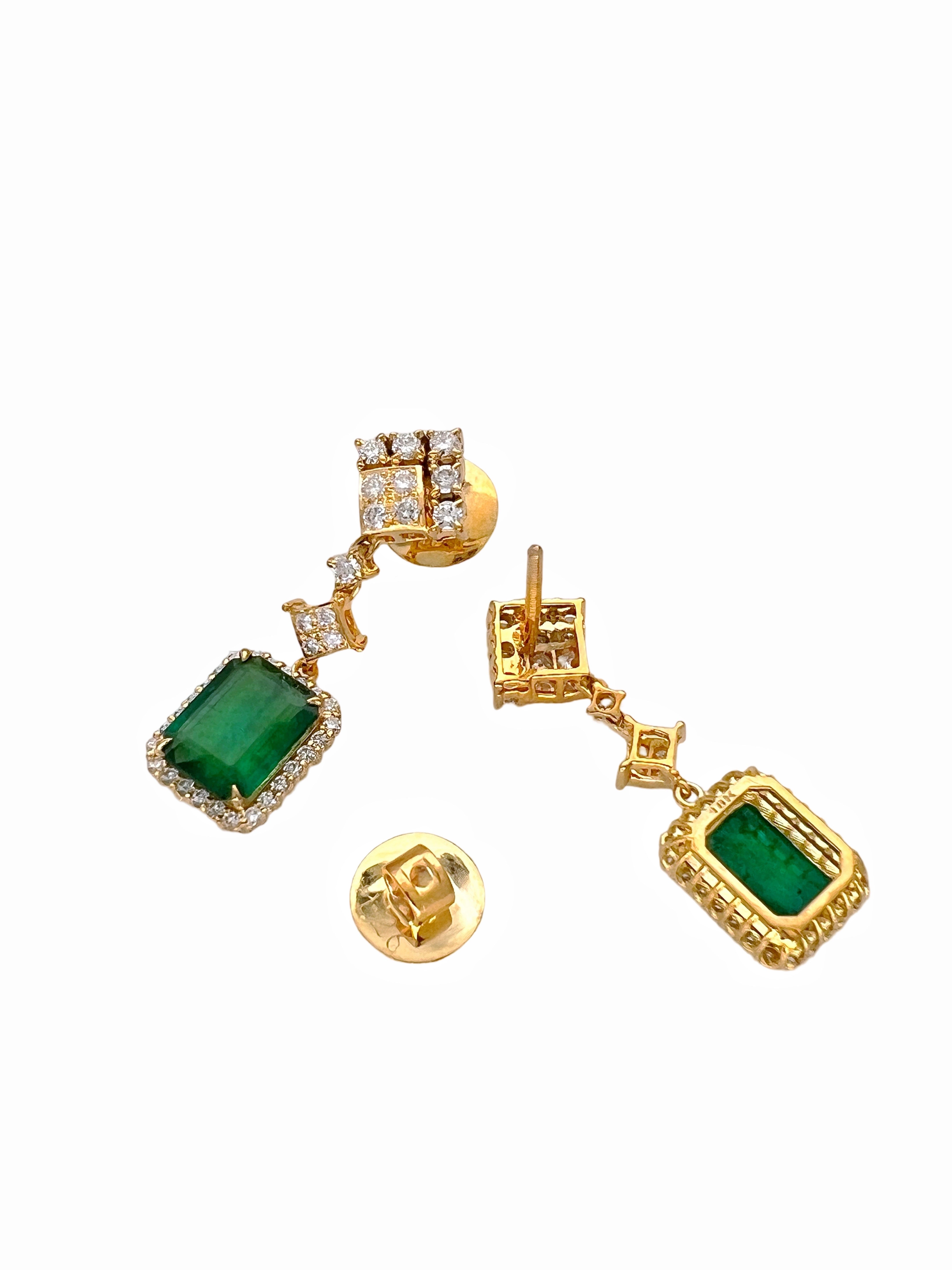5.00Cts Emerald F1-F2(Brazilian)Certified & 2.02Cts Dia 18K Yellow Gold Earrings
