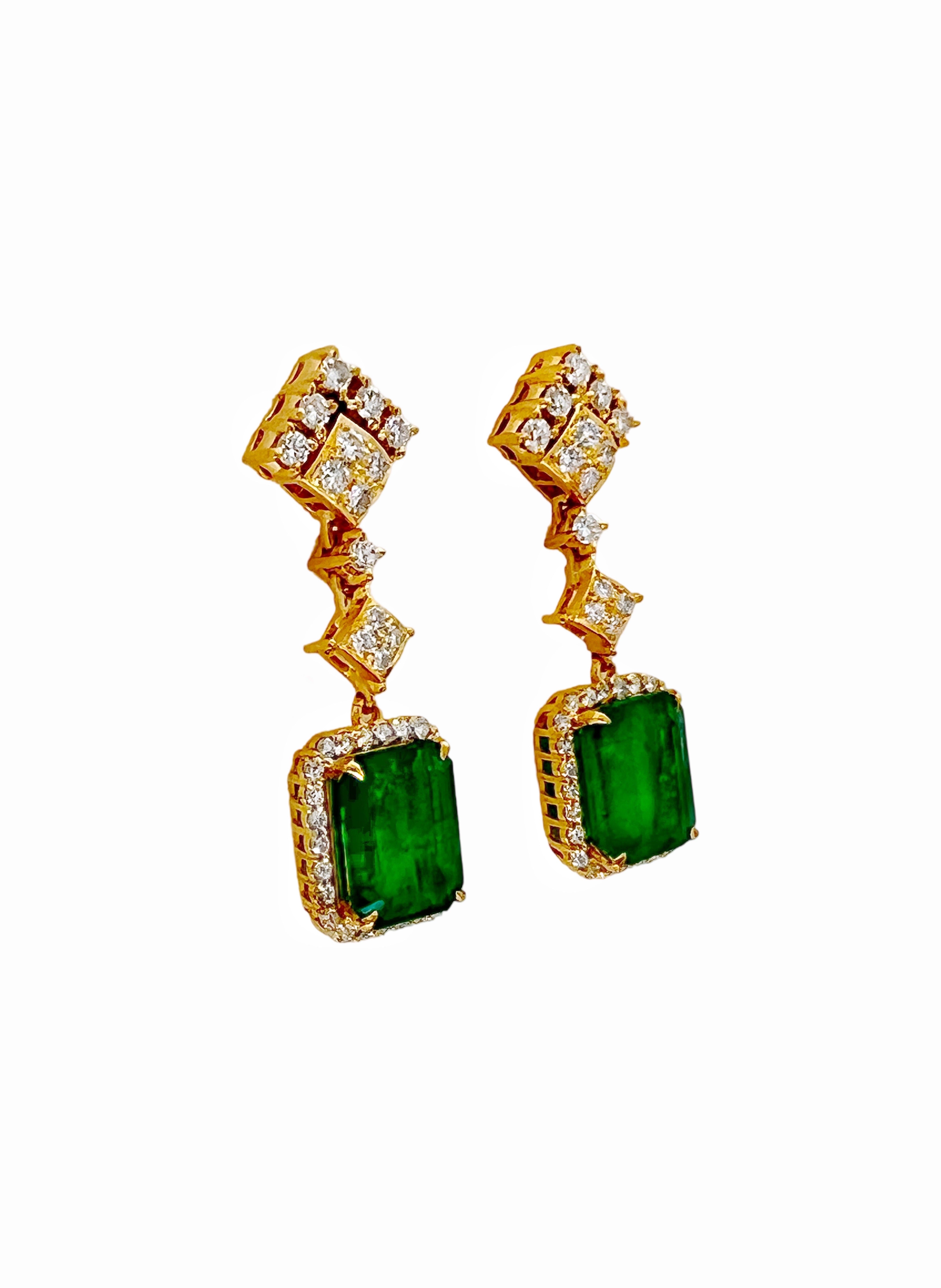 5.00Cts Emerald F1-F2(Brazilian)Certified & 2.02Cts Dia 18K Yellow Gold Earrings