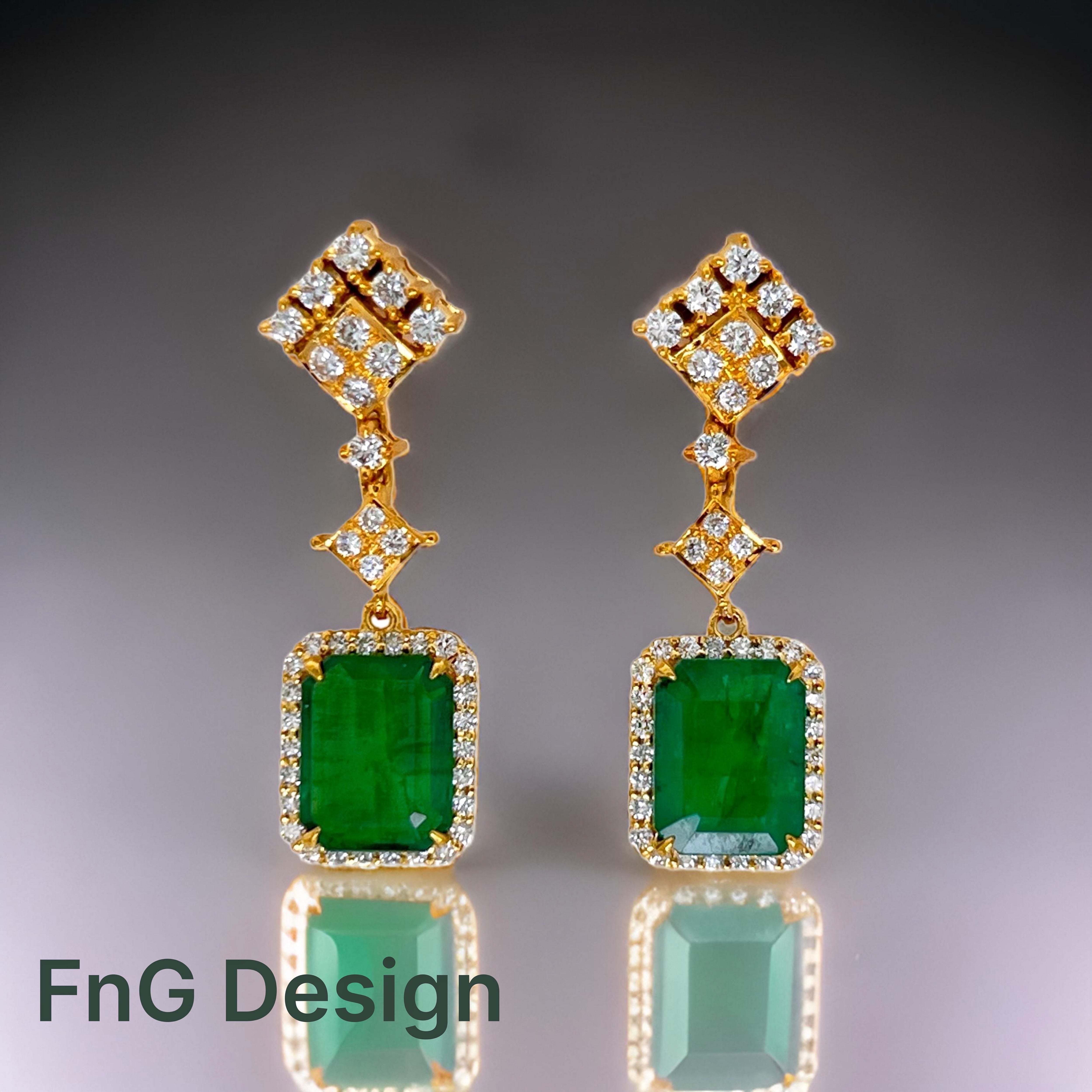 5.00Cts Emerald F1-F2(Brazilian)Certified & 2.02Cts Dia 18K Yellow Gold Earrings