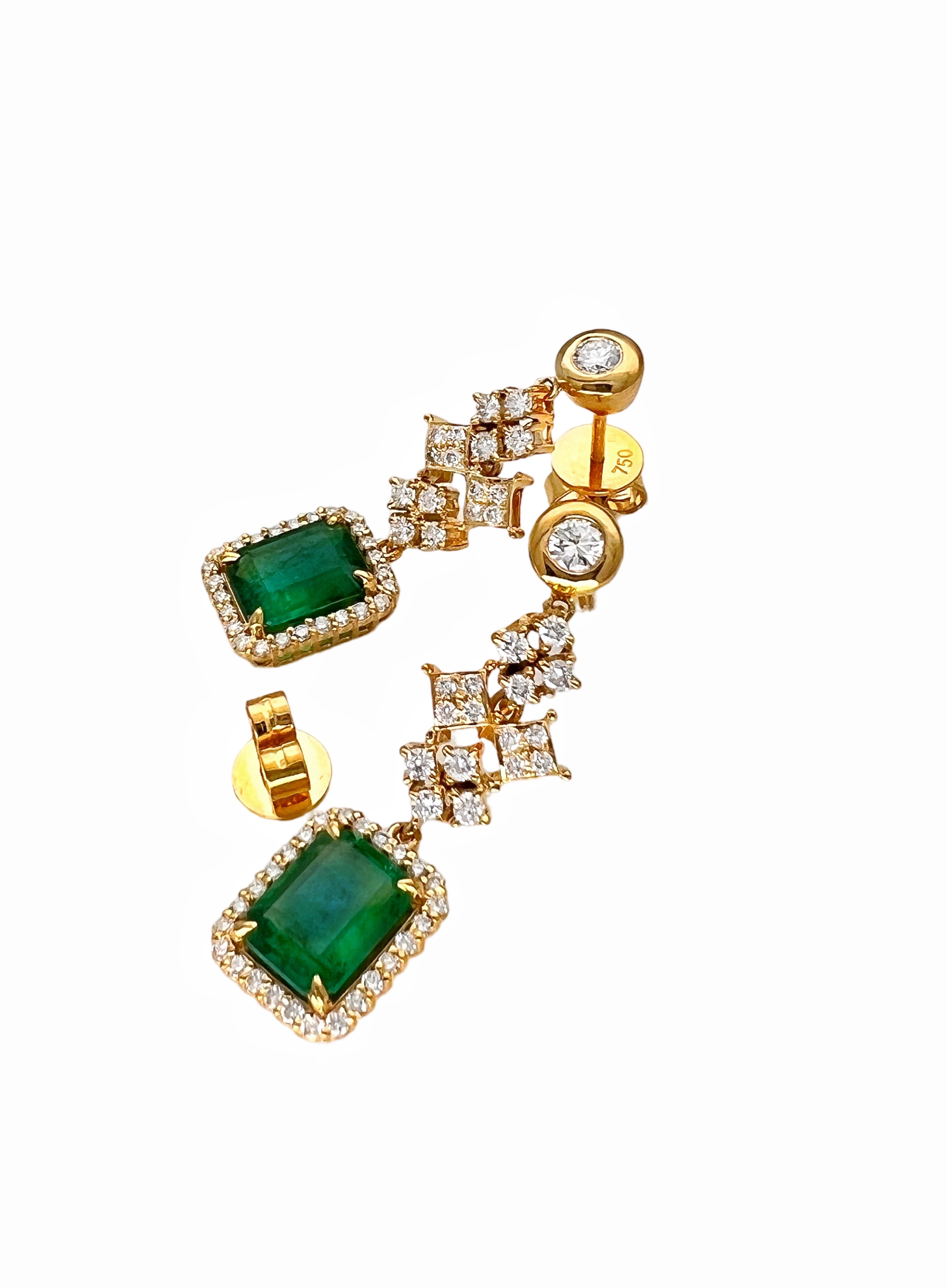 3.33 Ct Emerald F1-F2 (Columbian)Certified & 2.11 Ct Dia 18K Yellow Gold Earring