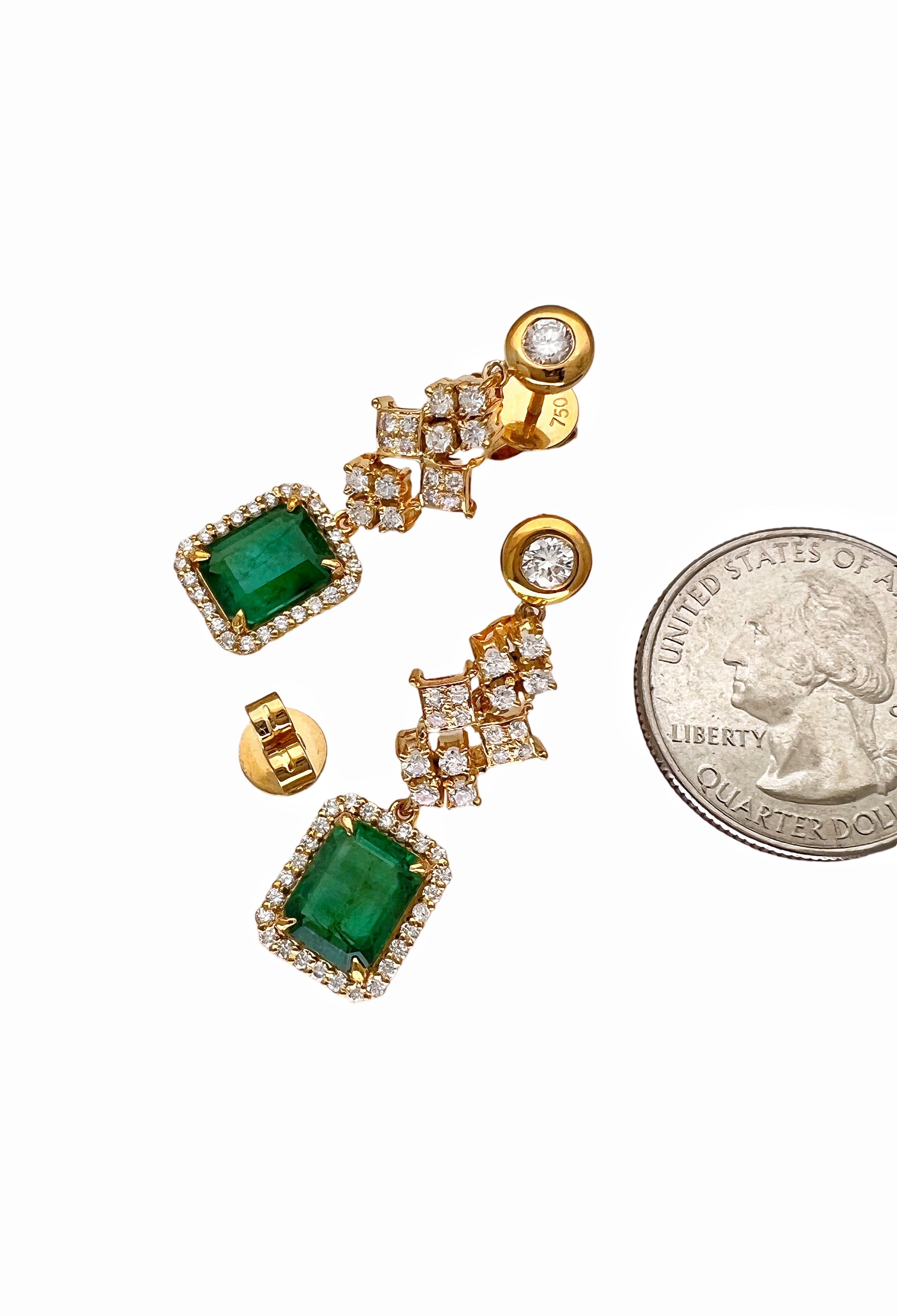 3.33 Ct Emerald F1-F2 (Columbian)Certified & 2.11 Ct Dia 18K Yellow Gold Earring