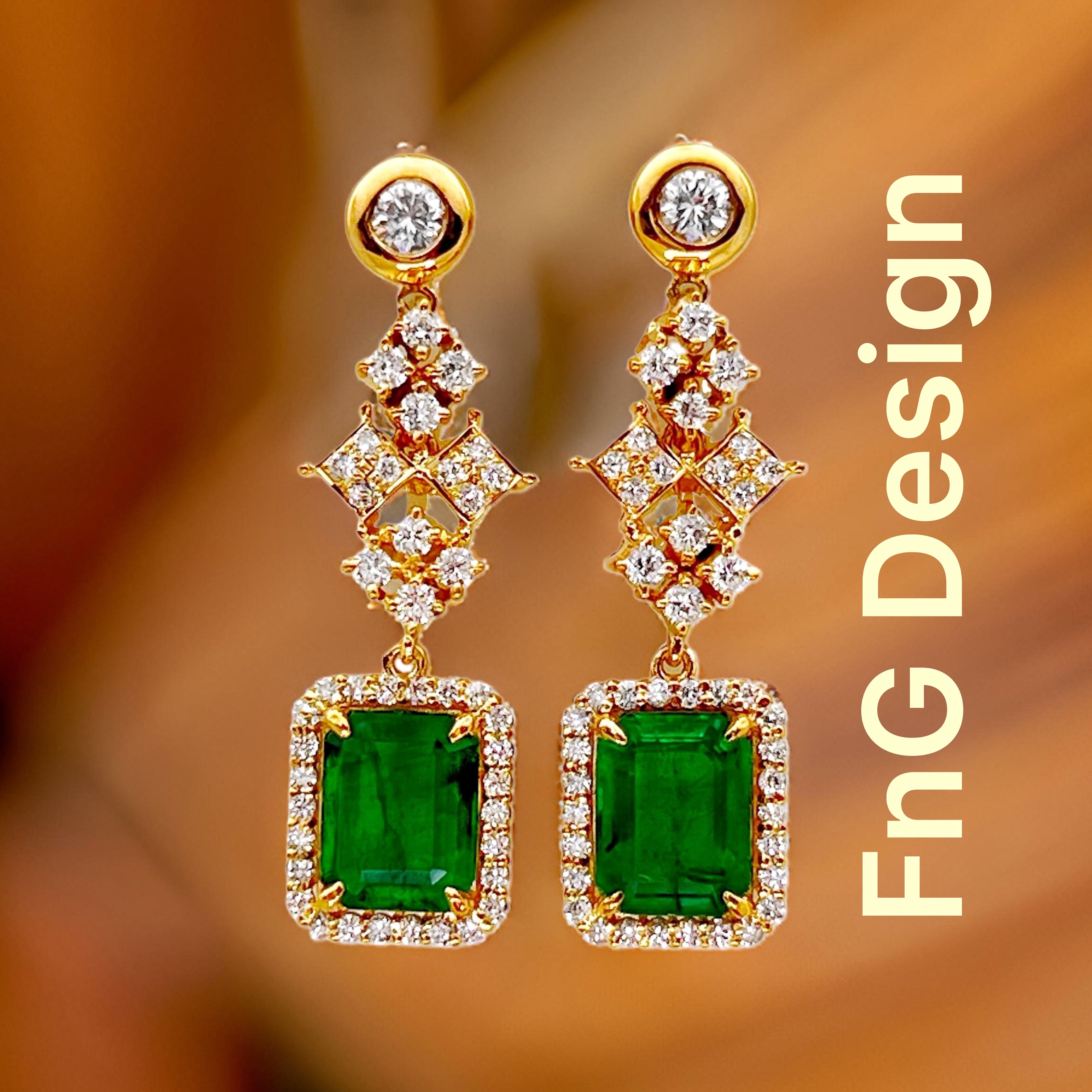 3.33 Ct Emerald F1-F2 (Columbian)Certified & 2.11 Ct Dia 18K Yellow Gold Earring