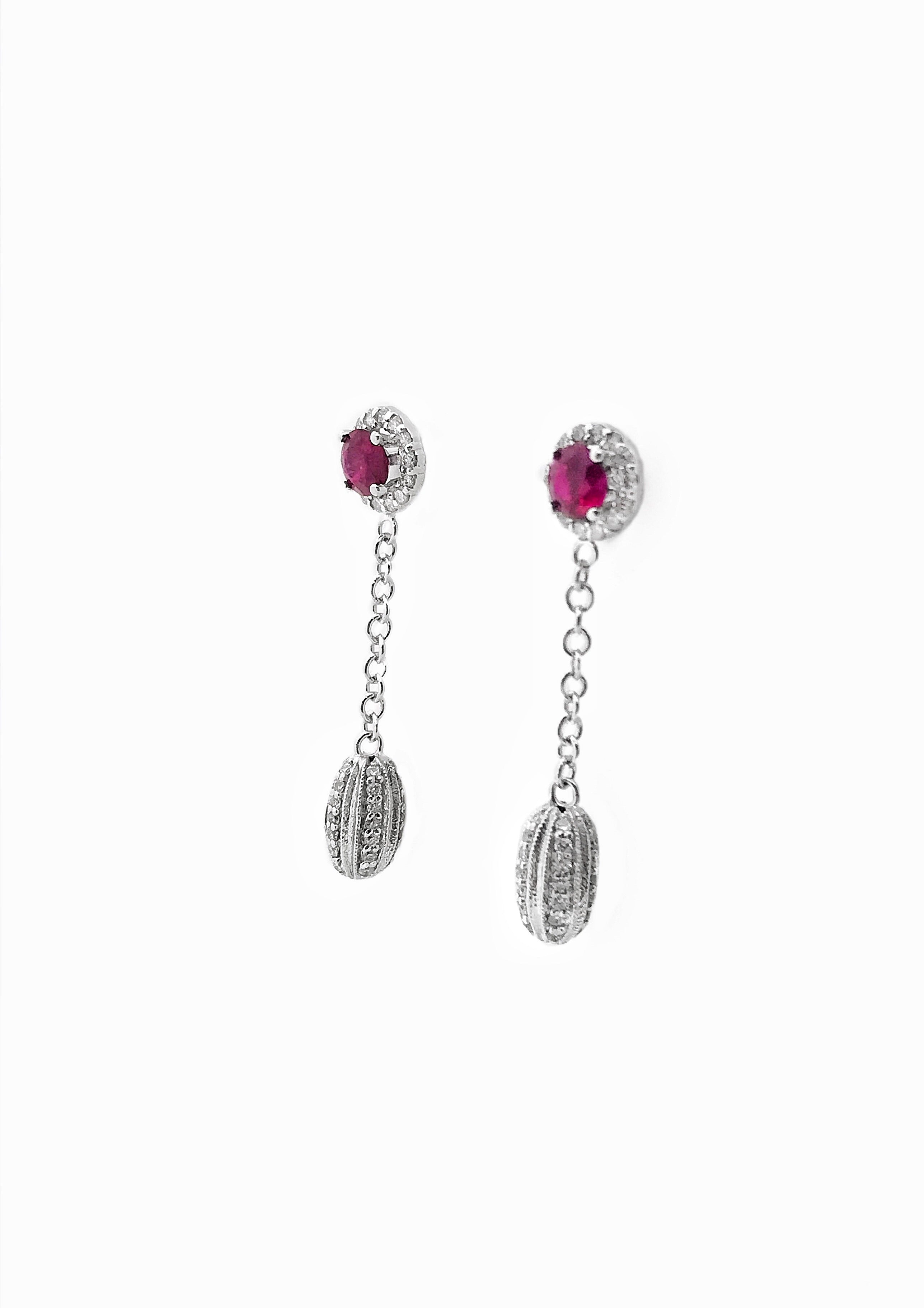 1.00 Carats Ruby 0.80 Carats Diamonds 14K White Gold Earrings