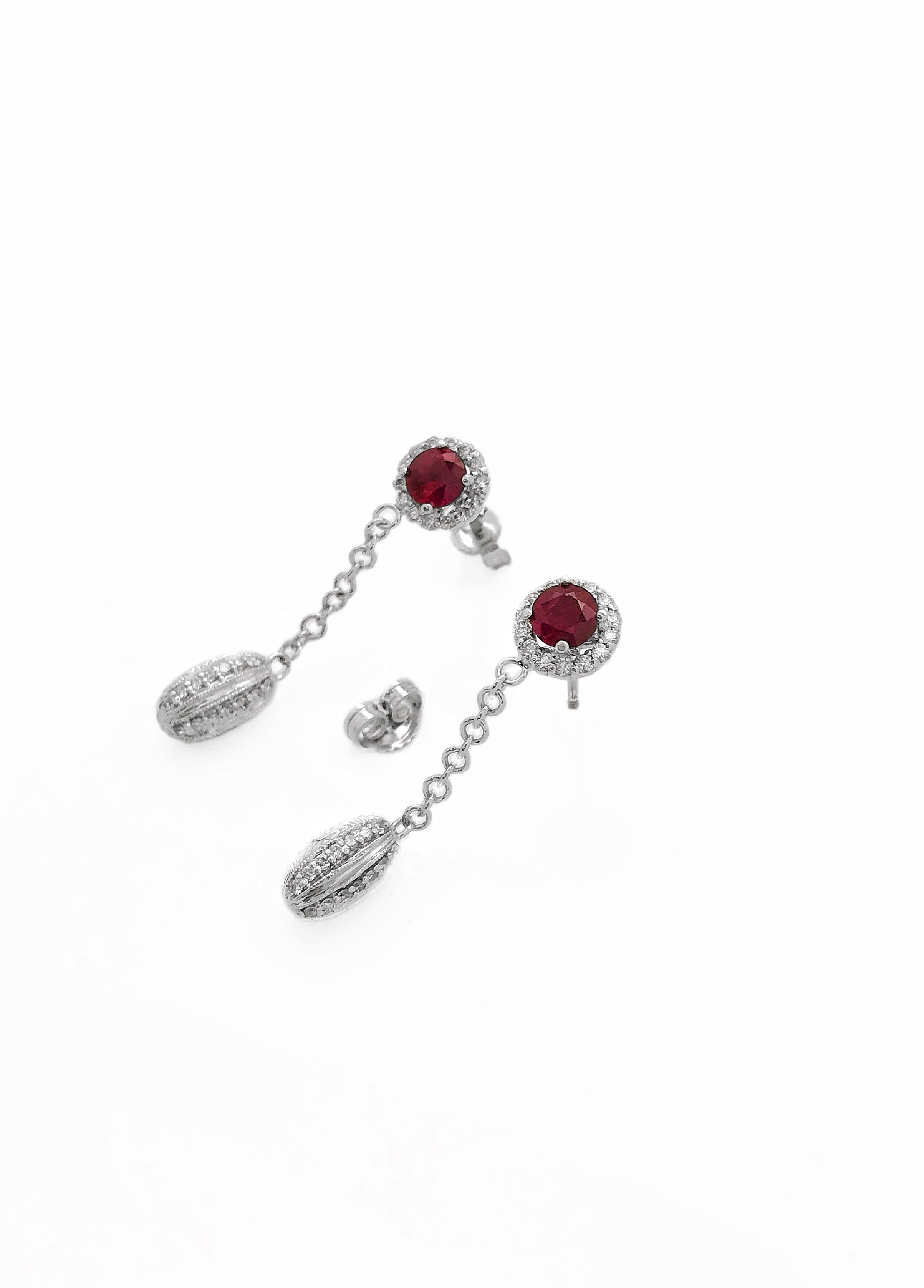 1.00 Carats Ruby 0.80 Carats Diamonds 14K White Gold Earrings