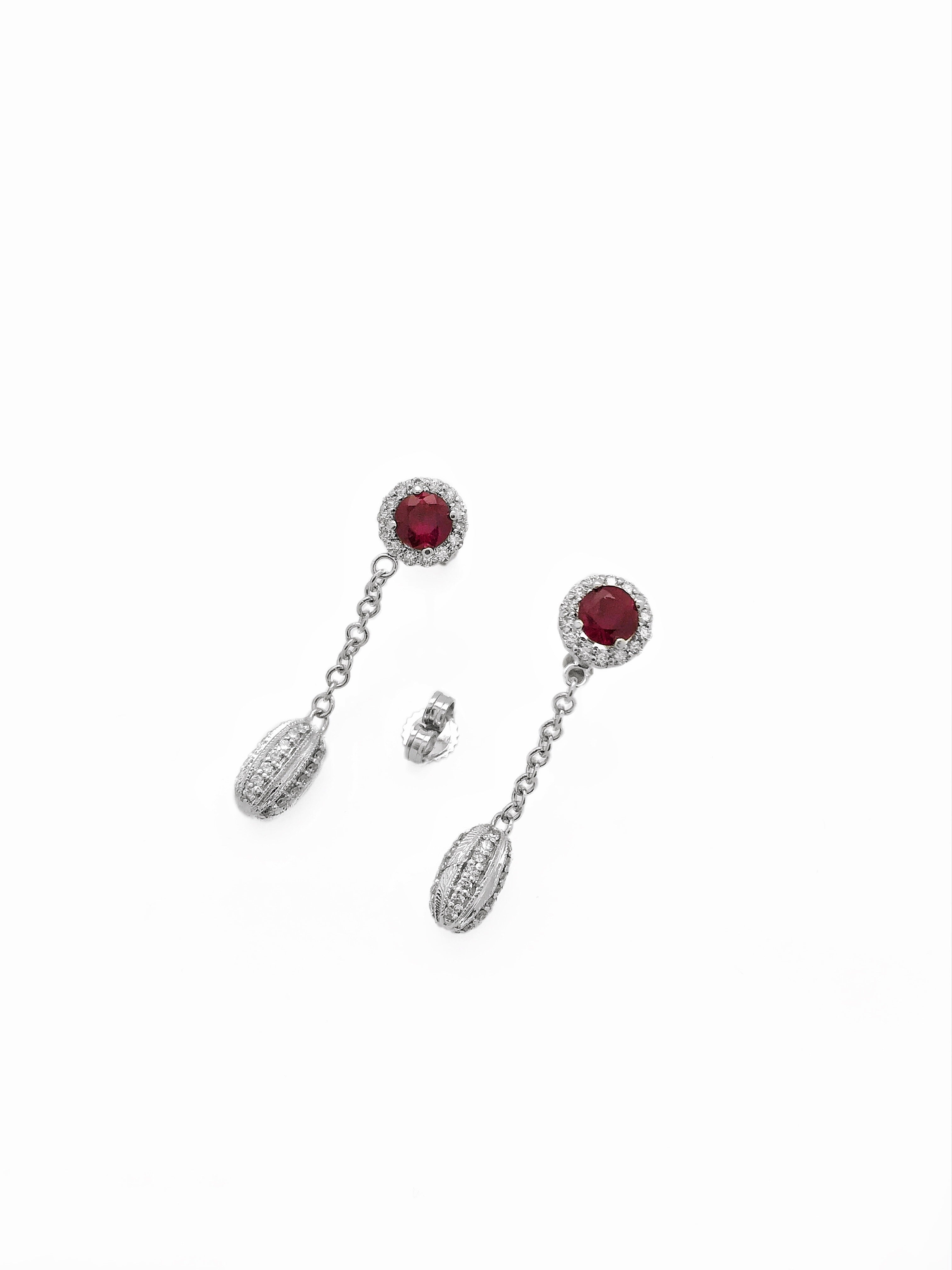 1.00 Carats Ruby 0.80 Carats Diamonds 14K White Gold Earrings