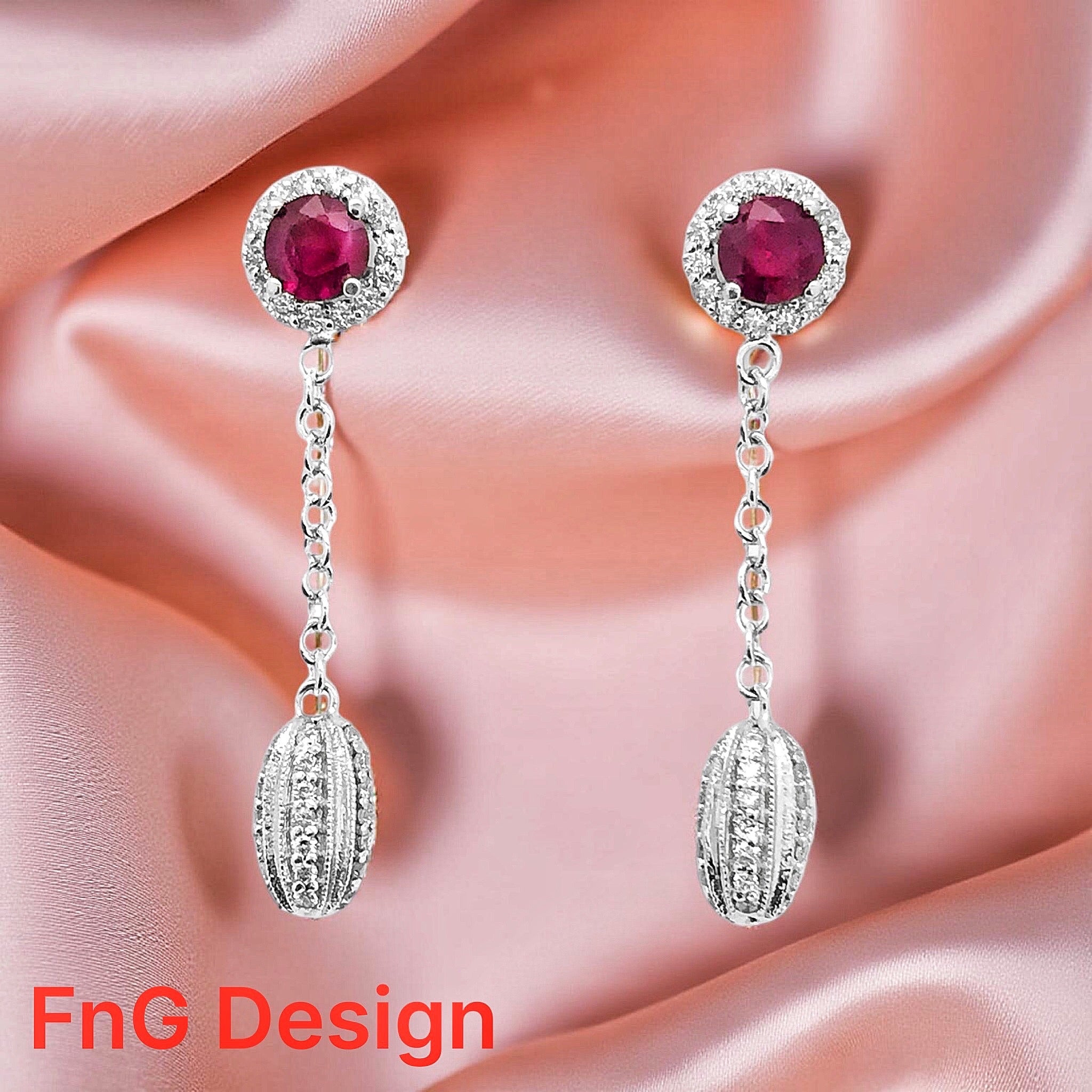 1.00 Carats Ruby 0.80 Carats Diamonds 14K White Gold Earrings