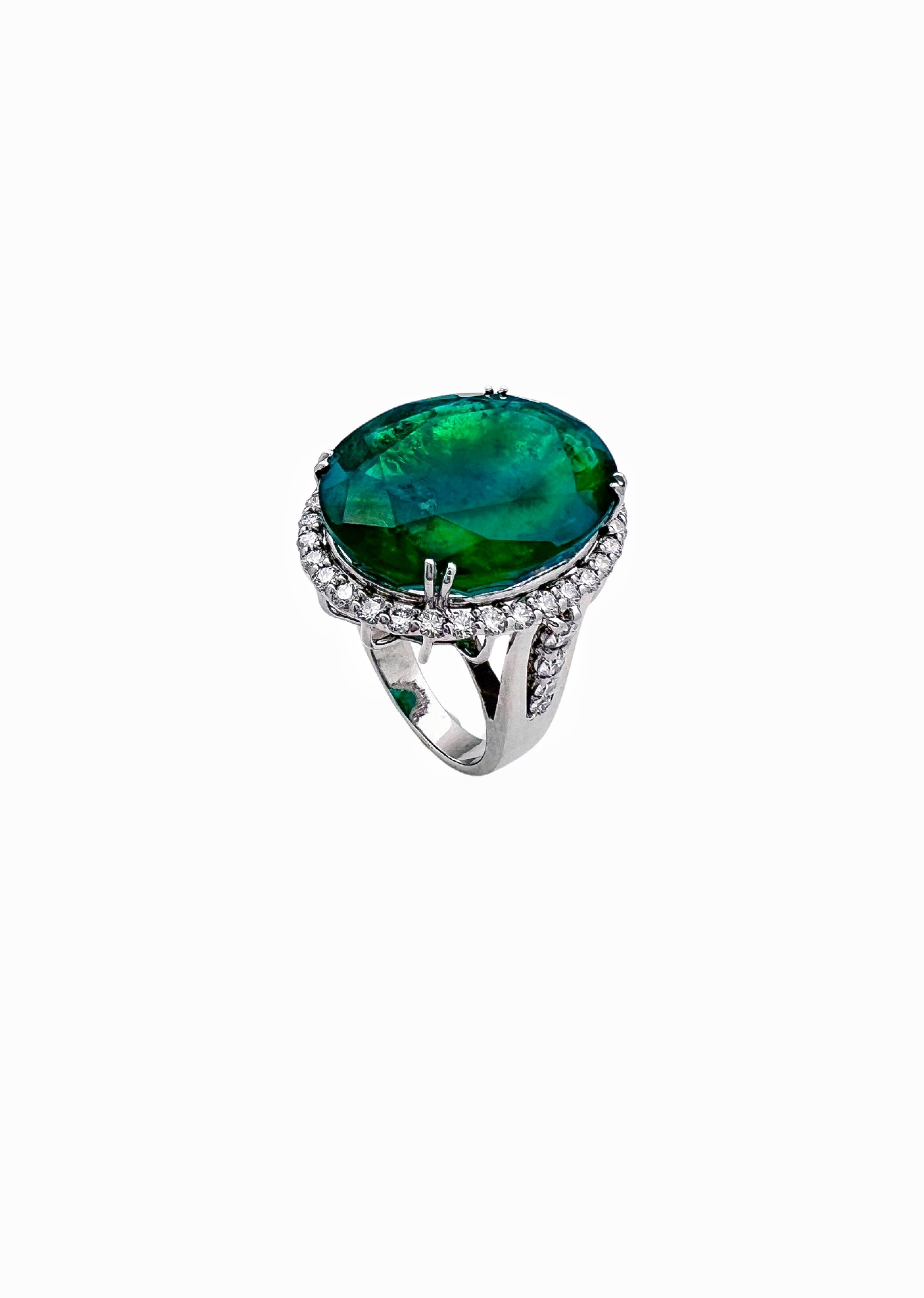 30.491 Ct Emerald F2(Brazilian) Certified & 1.29Cts Dia 18K White Gold Ring