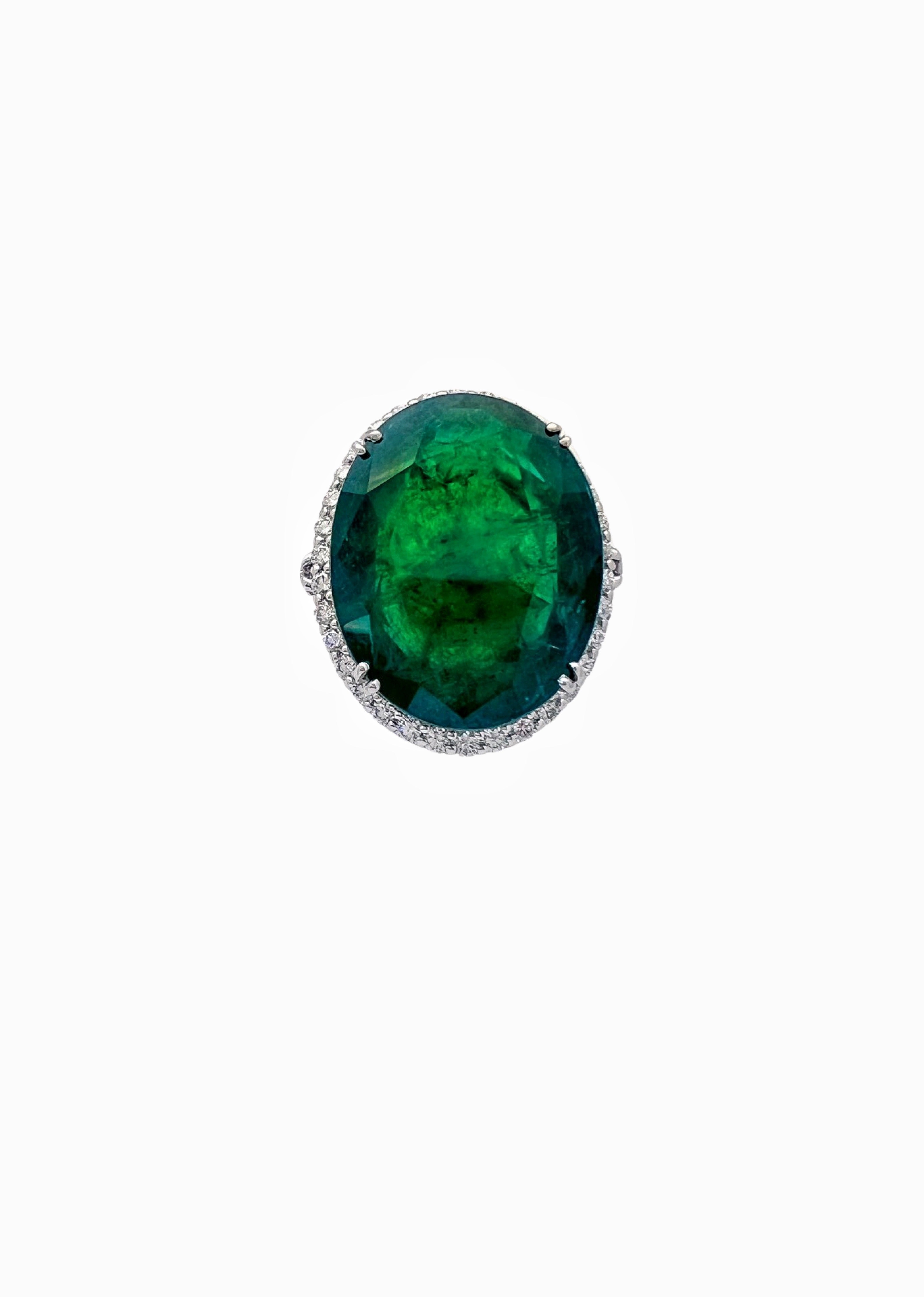 30.491 Ct Emerald F2(Brazilian) Certified & 1.29Cts Dia 18K White Gold Ring