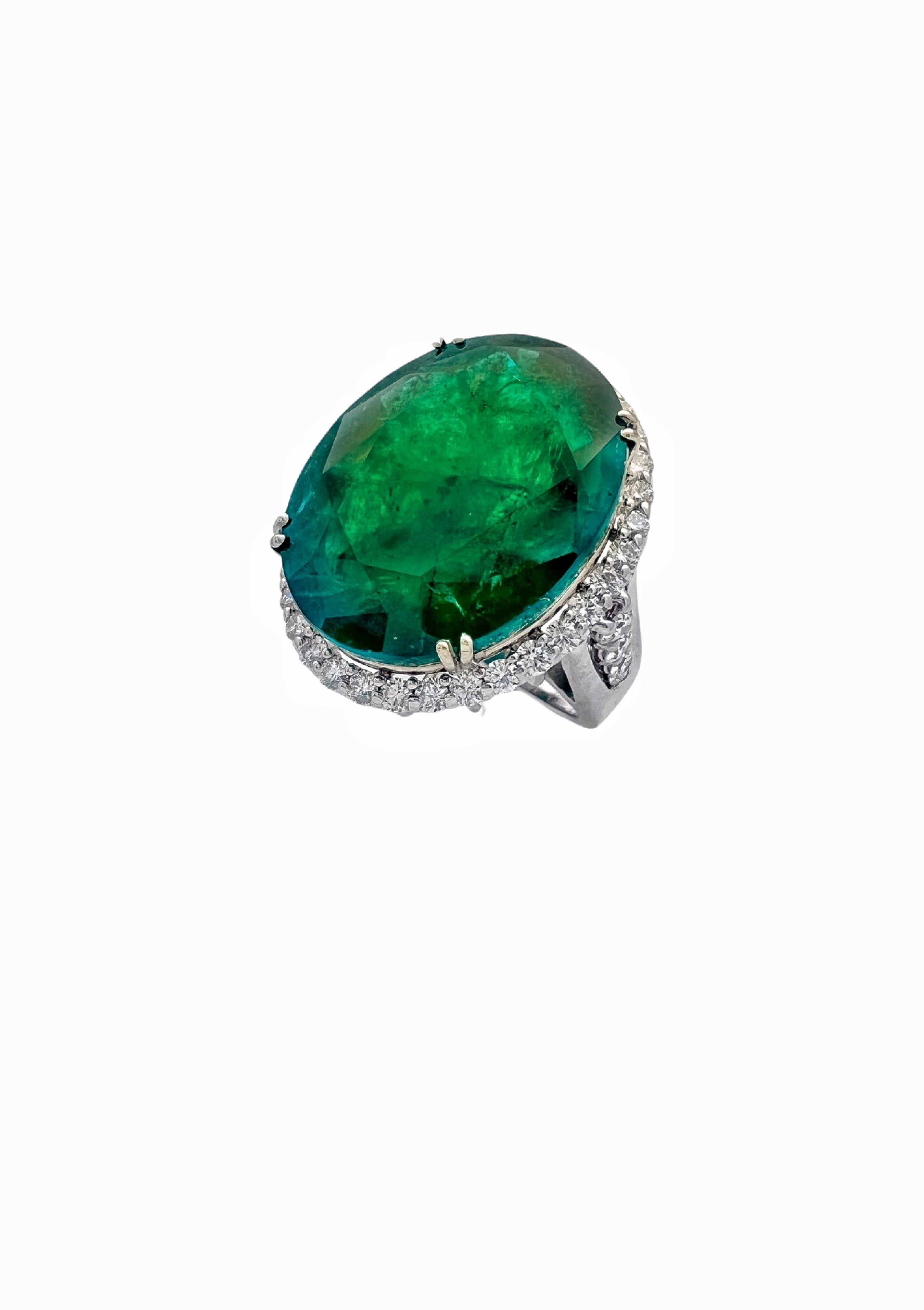 30.491 Ct Emerald F2(Brazilian) Certified & 1.29Cts Dia 18K White Gold Ring