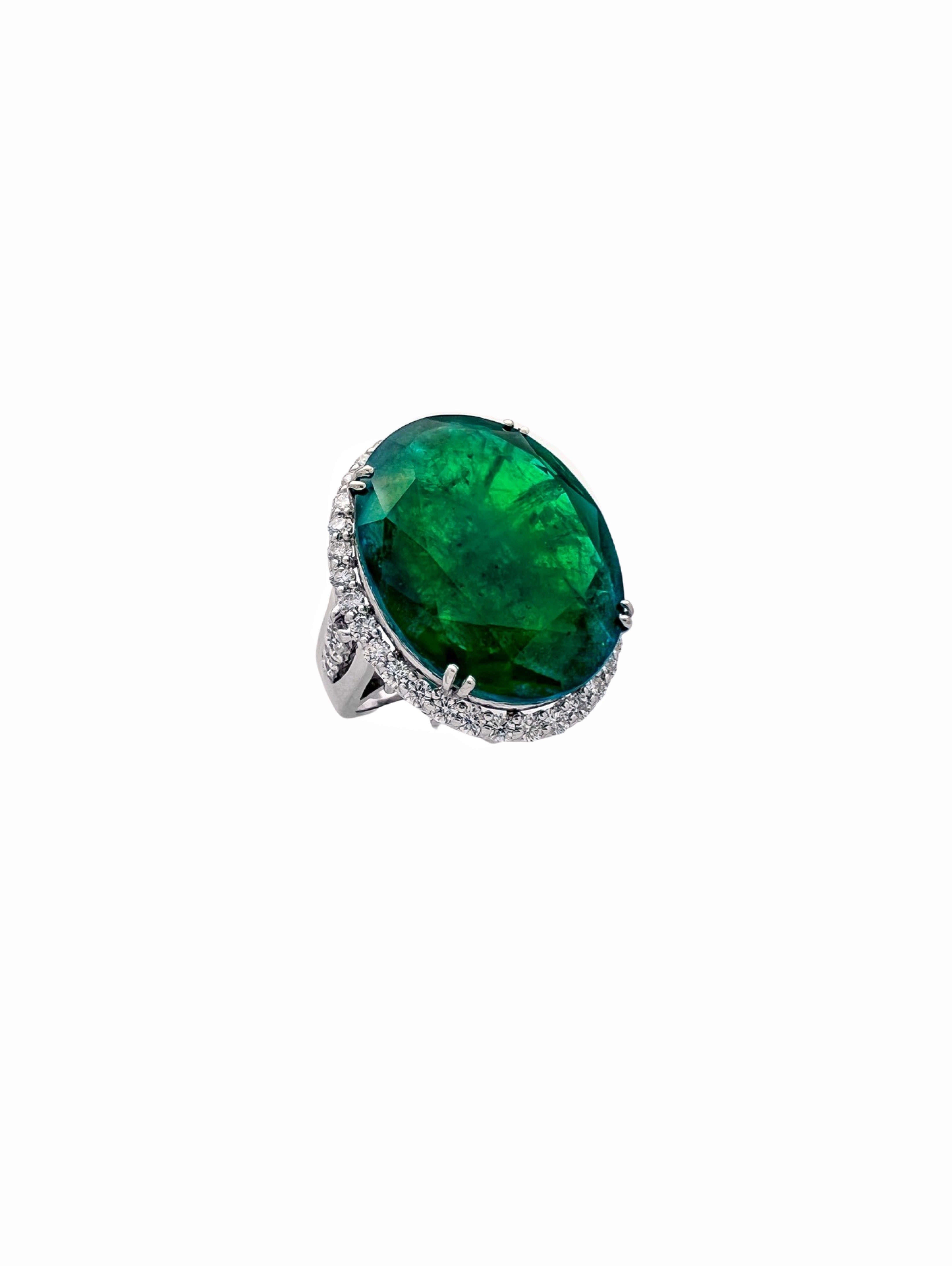 30.491 Ct Emerald F2(Brazilian) Certified & 1.29Cts Dia 18K White Gold Ring