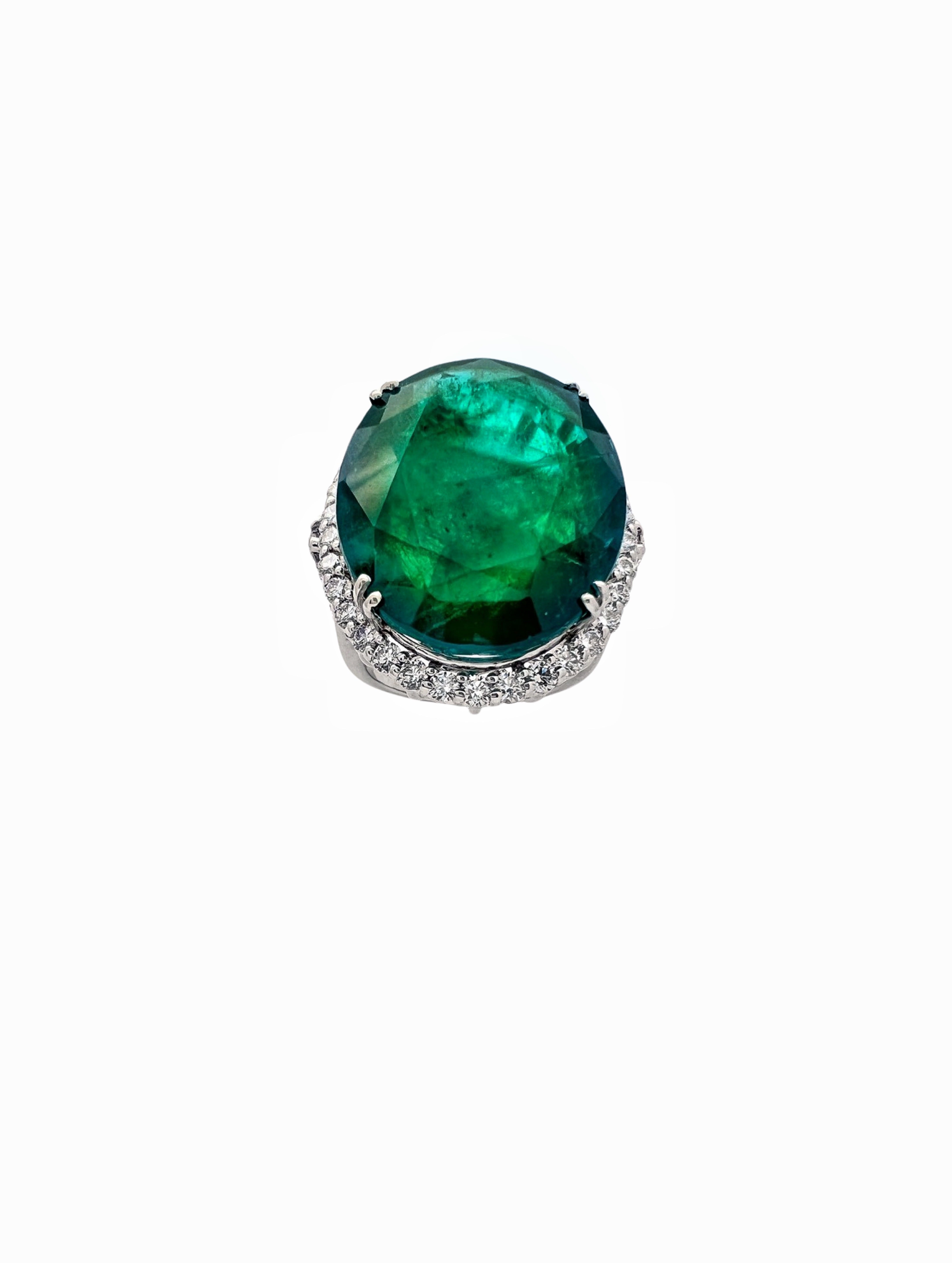 30.491 Ct Emerald F2(Brazilian) Certified & 1.29Cts Dia 18K White Gold Ring