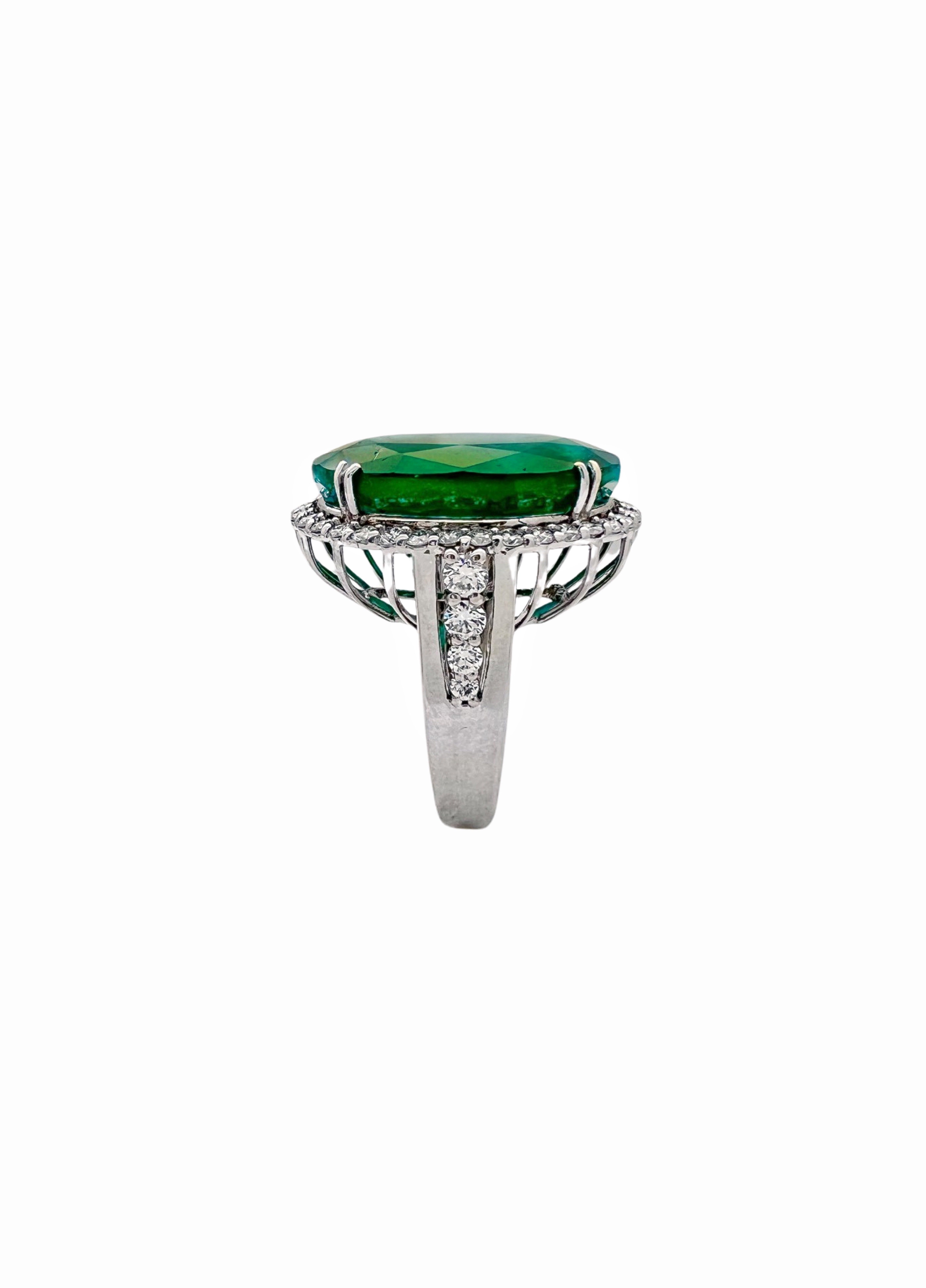 30.491 Ct Emerald F2(Brazilian) Certified & 1.29Cts Dia 18K White Gold Ring