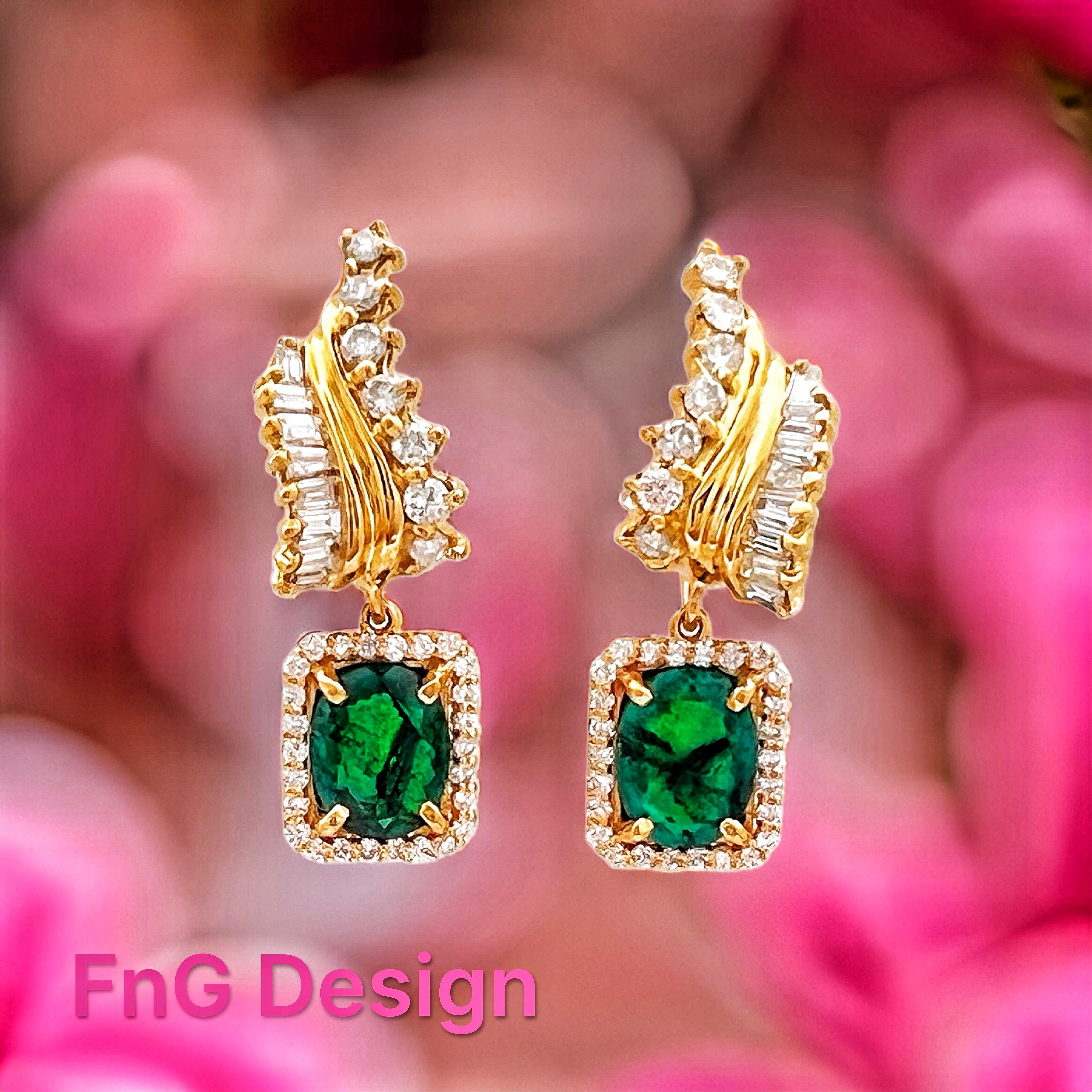 3.26Ct Trapiche Emerald F1-N/O (Col.)Certified & 2.01Ct Dia 18K Yel-Gold Earring