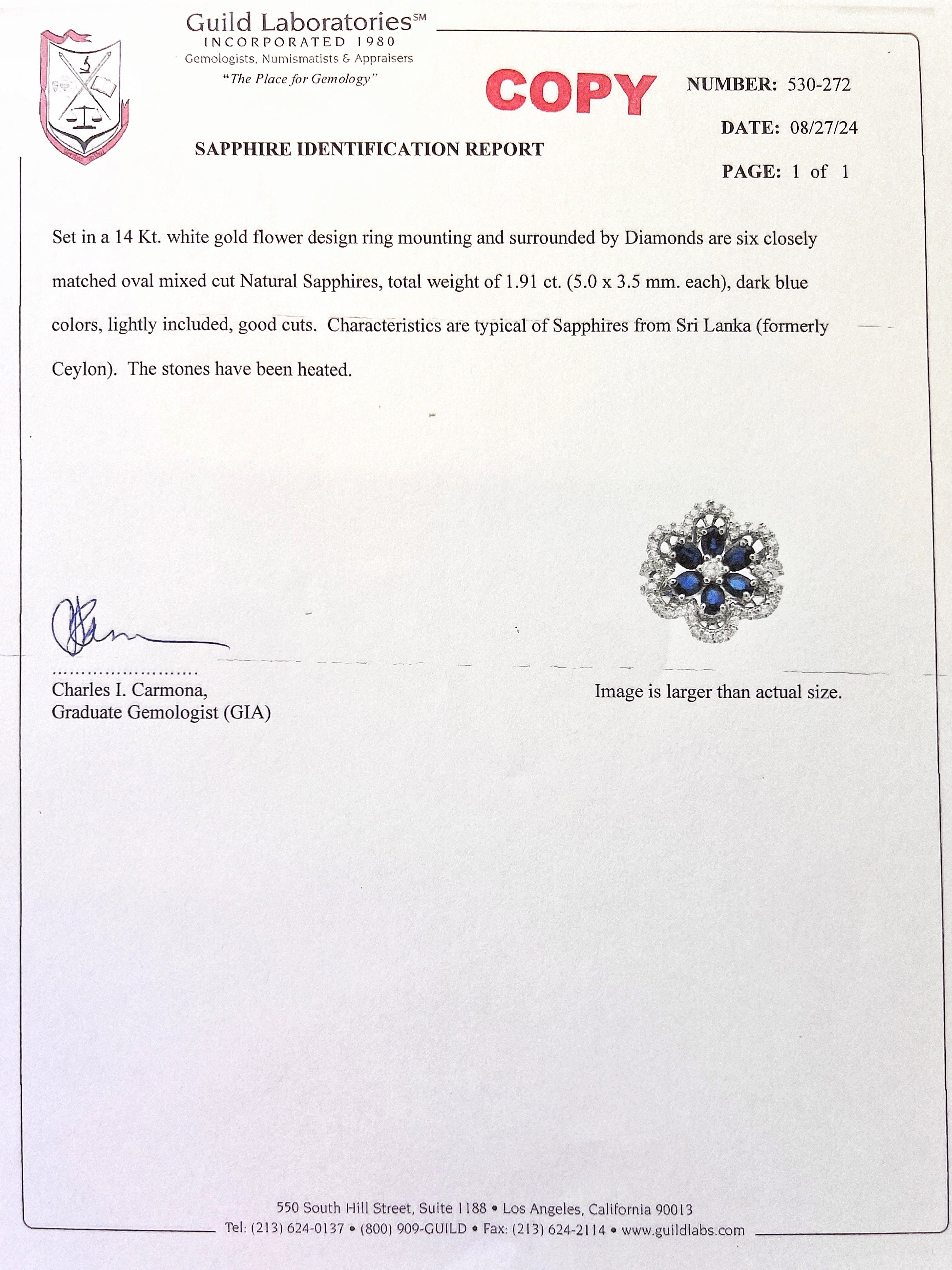 1.91Cts Dark Blue Ceylon Sapphire Cert. W/1.29Cts Diamond 14K White Gold Ring