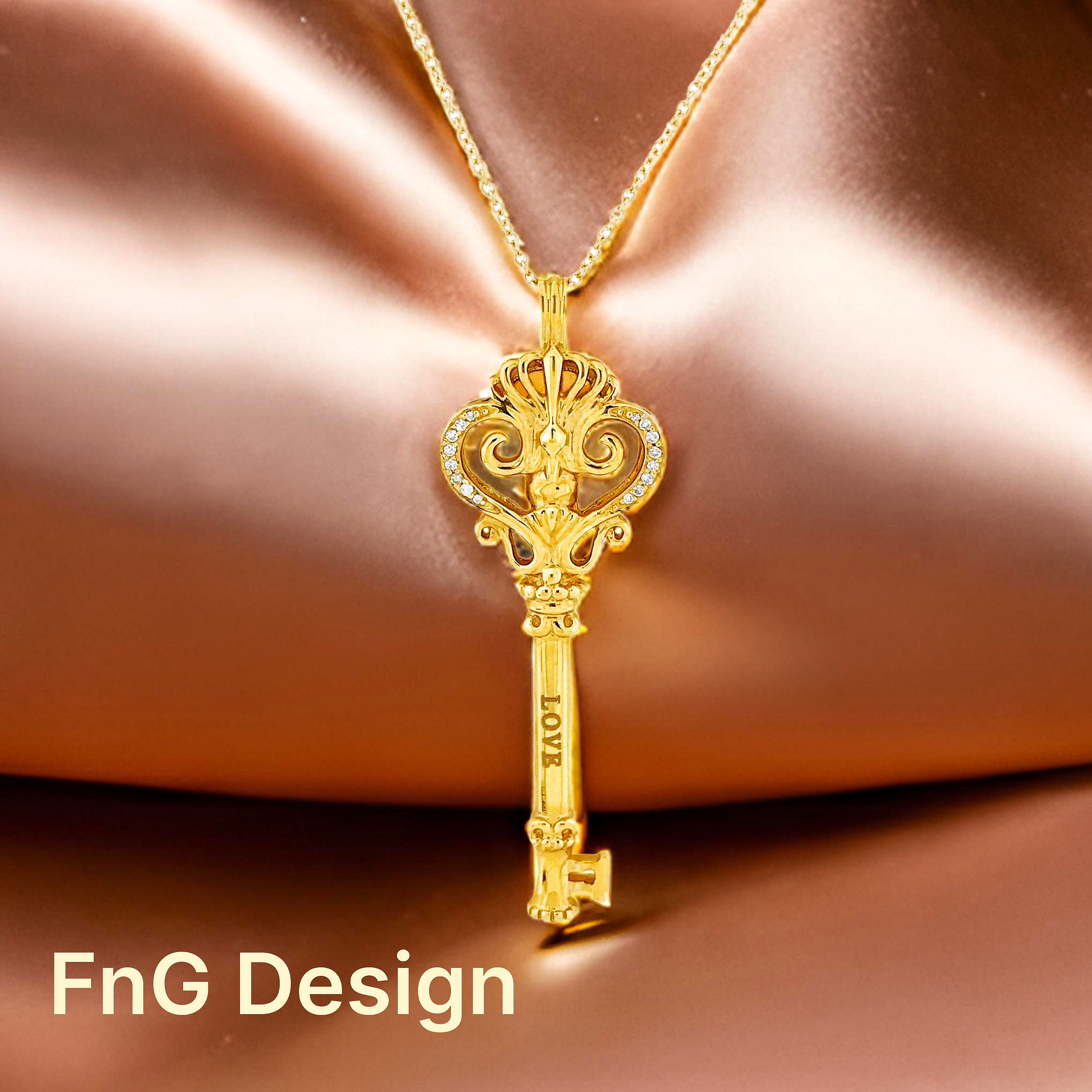 0.12 Carats Diamonds 14K Yellow Gold “Love” Key Pendant & Chain